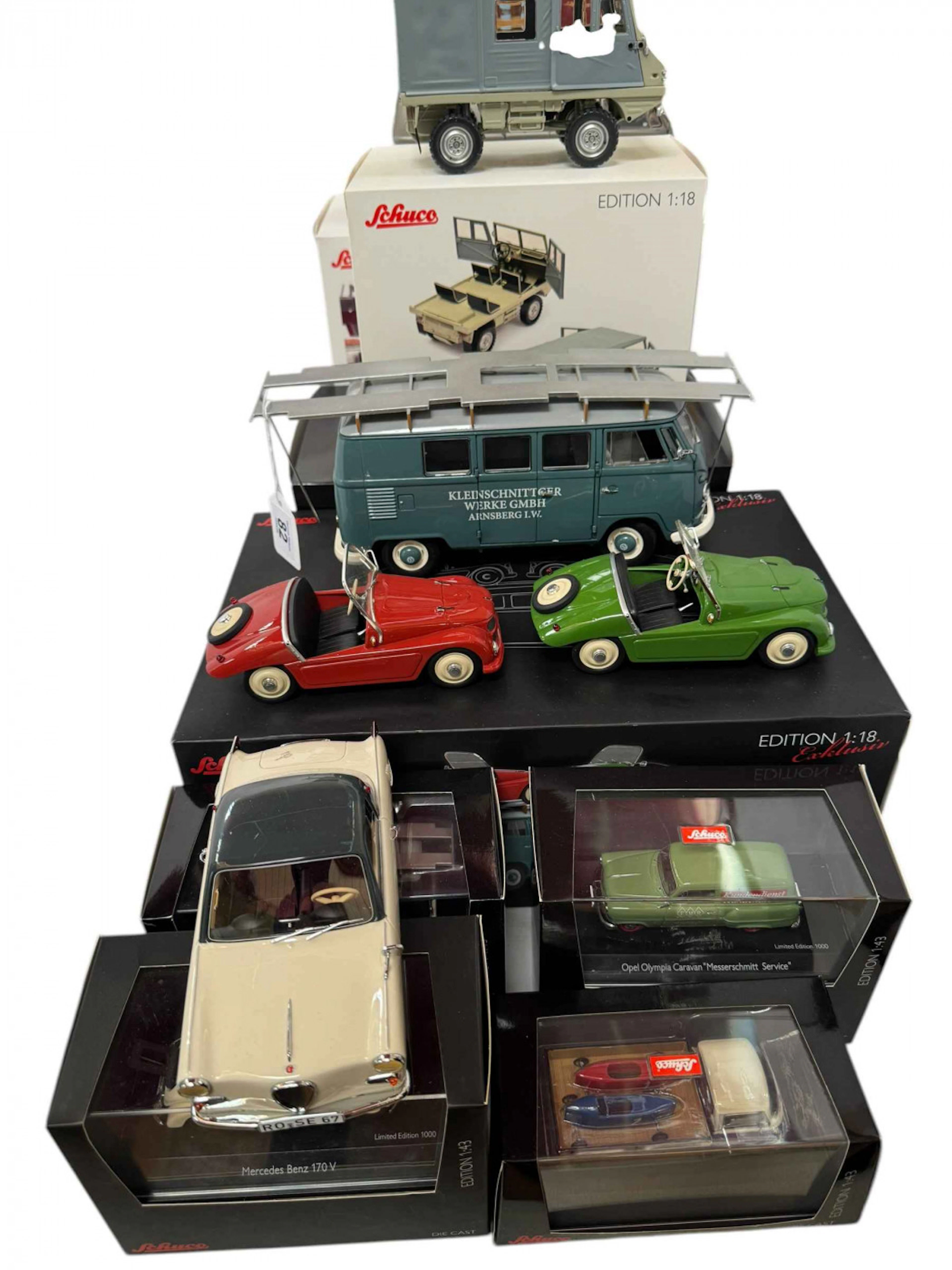 Collection of Schuco model vehicles including Volkswagen T1 Bus and