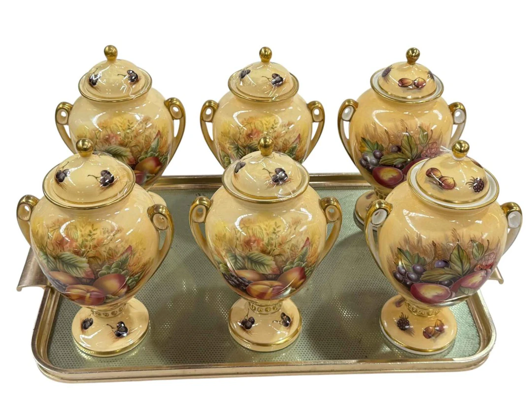 Six Aynsley Orchard Gold vases and covers.
