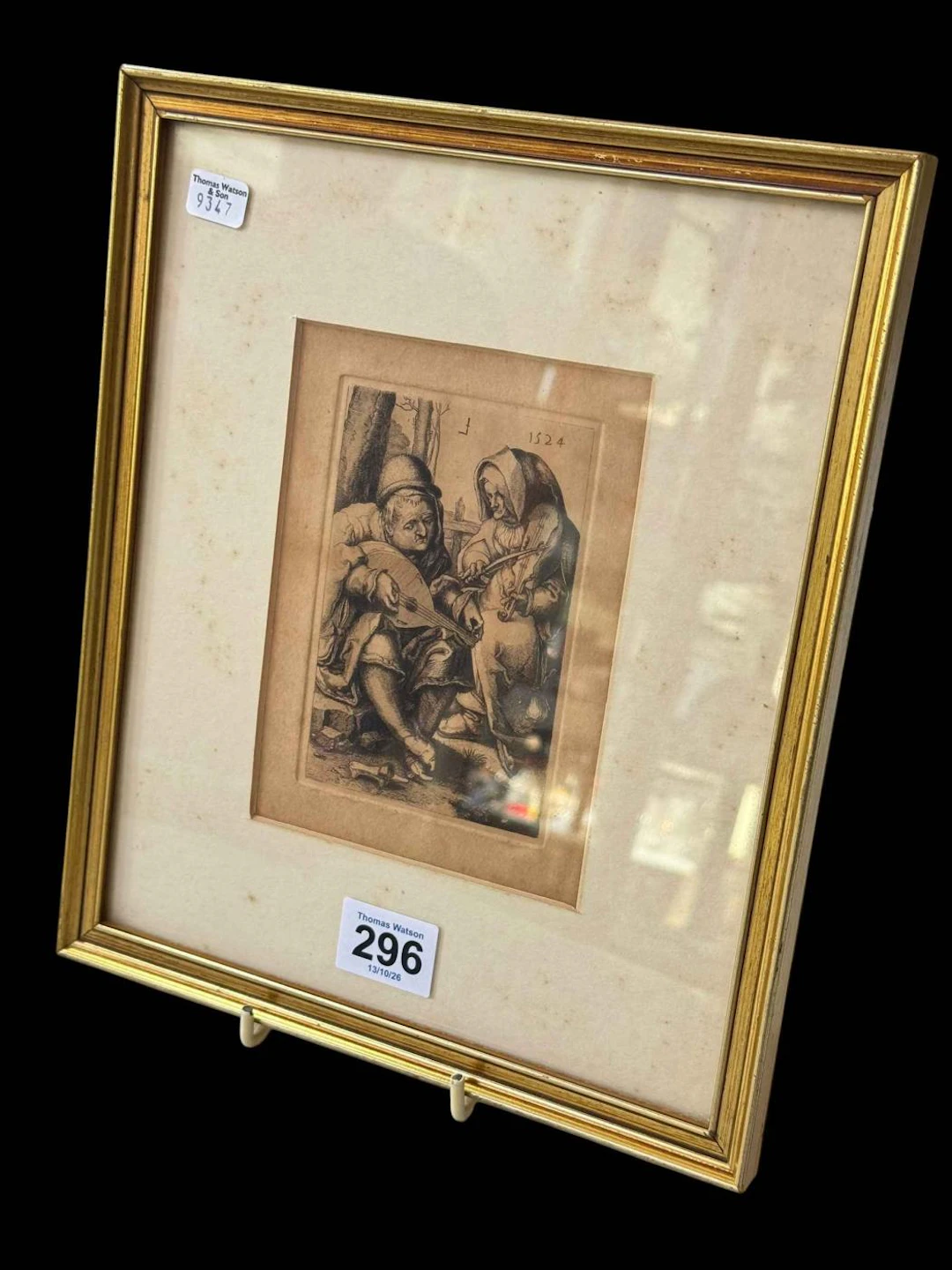 Dutch engraving after Lucas Van Leyden, Musicerend Paar, framed, 26.5cm