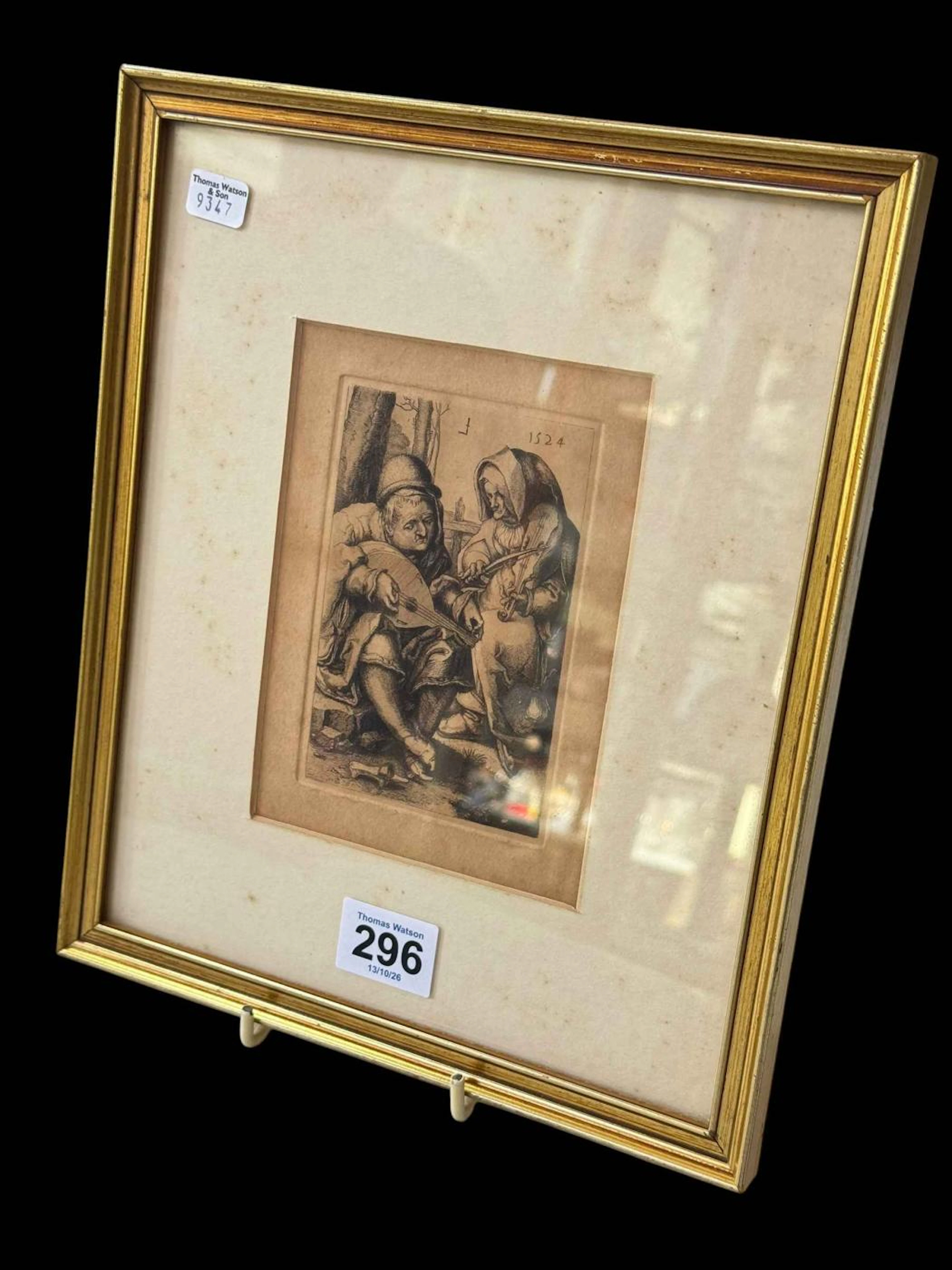 Dutch engraving after Lucas Van Leyden, Musicerend Paar, framed, 26.5cm