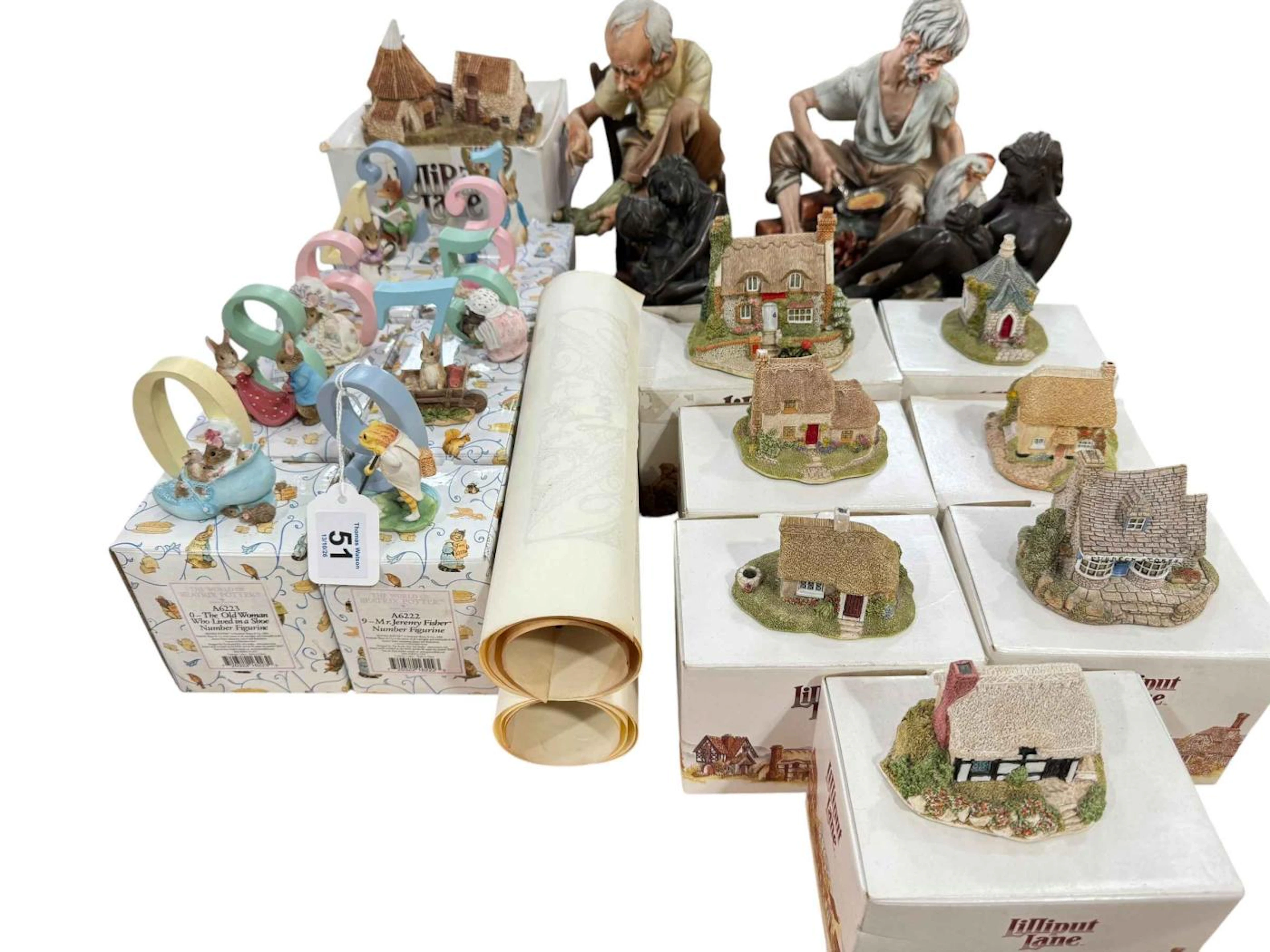 Collection ten Beatrix Potter number figurines, Lilliput Lane cottages