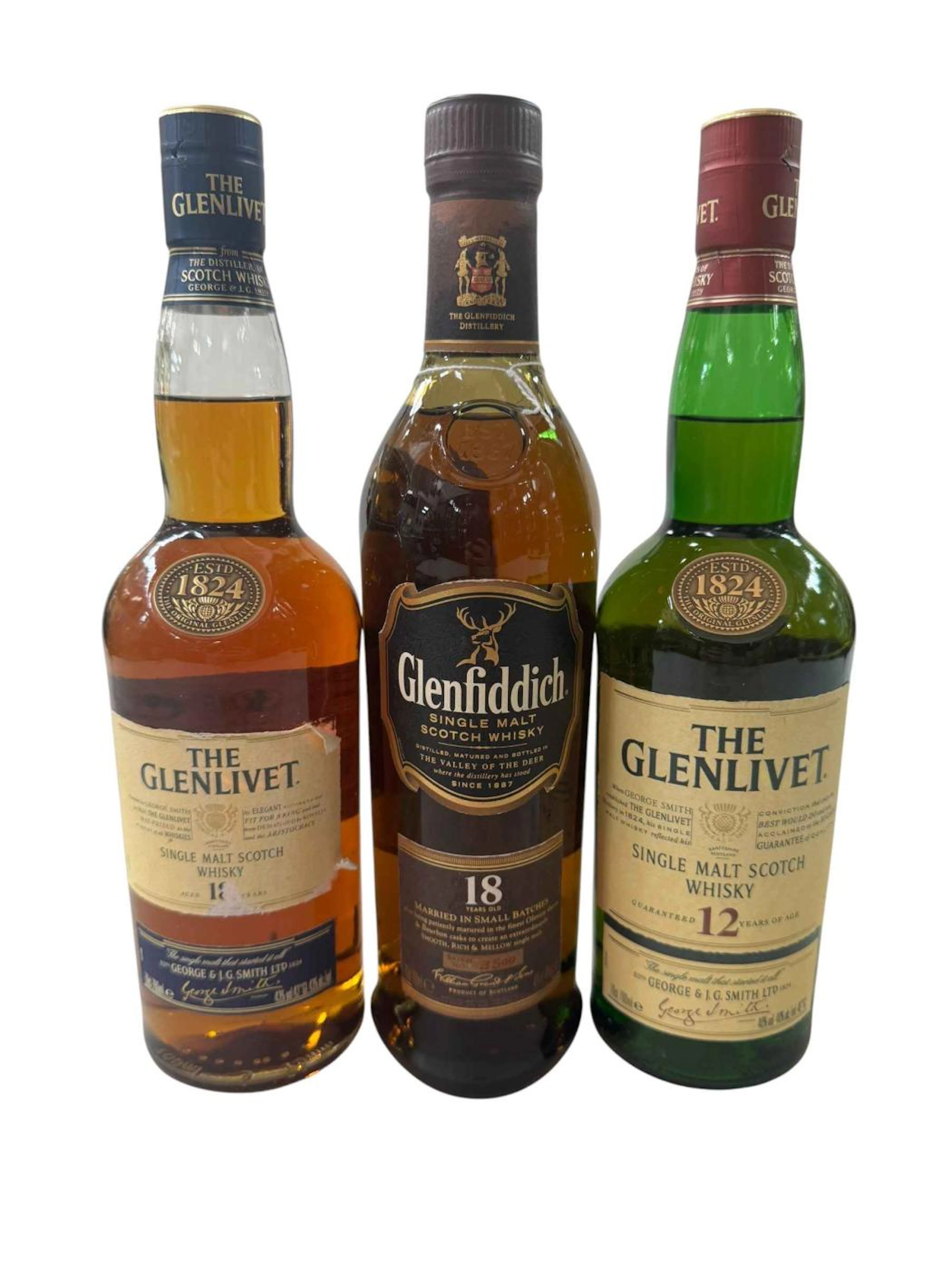 Three bottles of whisky; Glenfiddich 18 Years Small Batch, Glenlivet