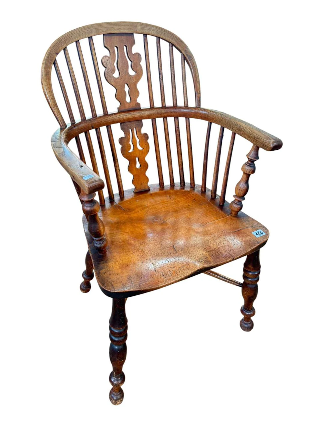19th Century Elm Windsor armchair raised on turned legs and crinoline