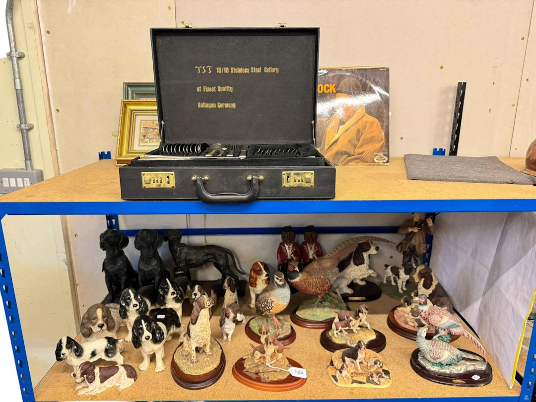 Collection of dog and bird ornaments including Border Fine Arts, Libra