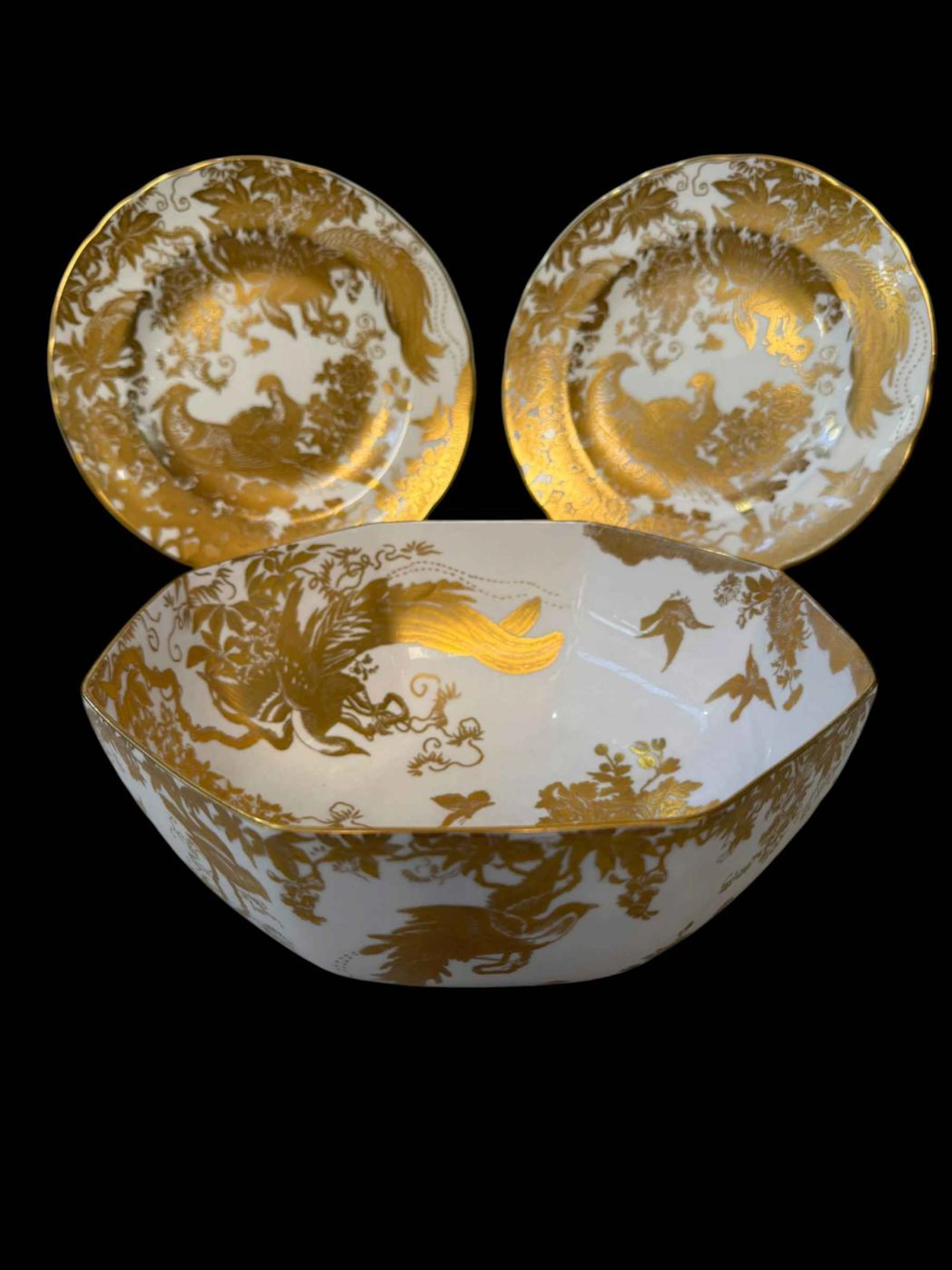 Royal Crown Derby Gold Aves octagonal fruit bowl and two plates (seconds).