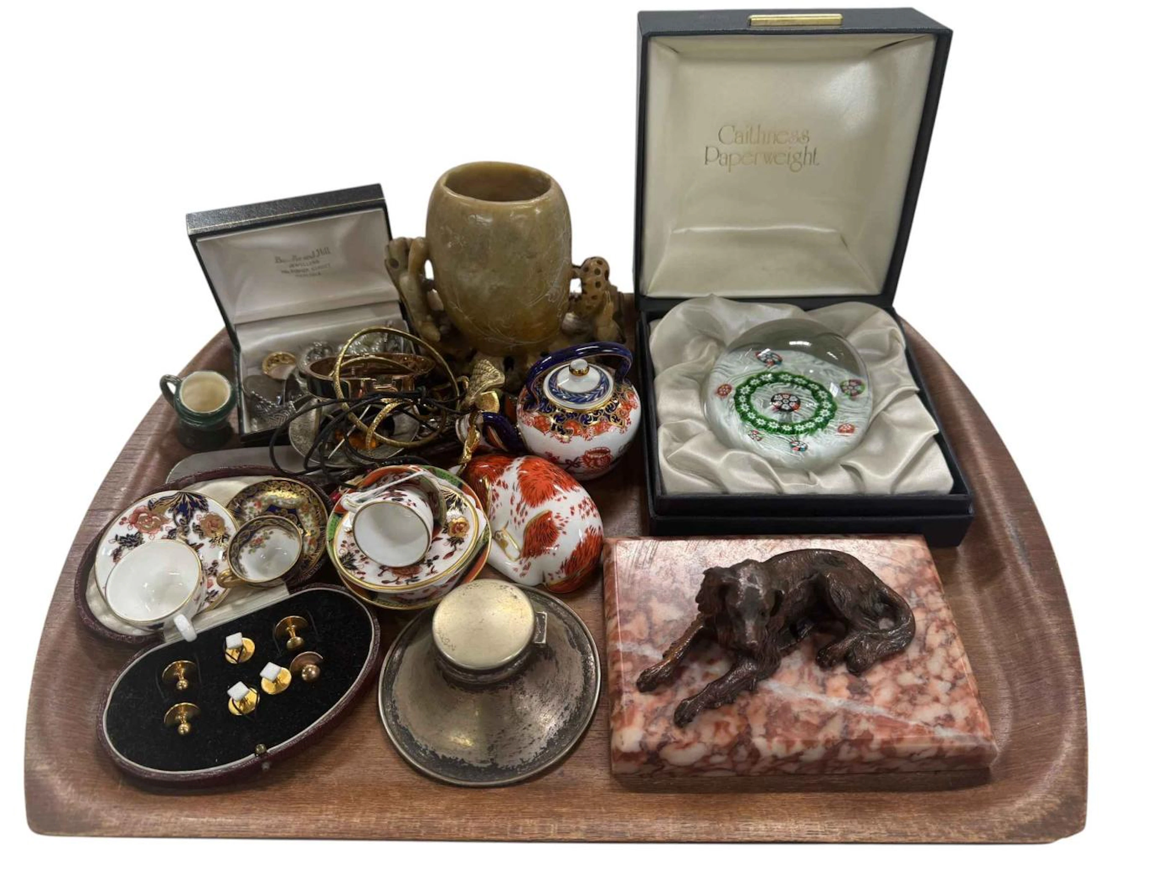 Miniature Coalport pieces, bronze dog paperweight, soapstone, jewellery, etc.
