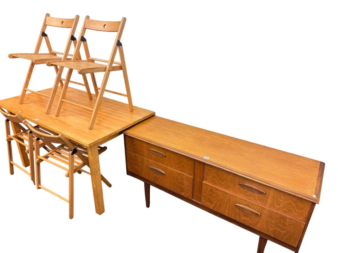 Teak dressing table/sideboard, light wood table and four folding chairs