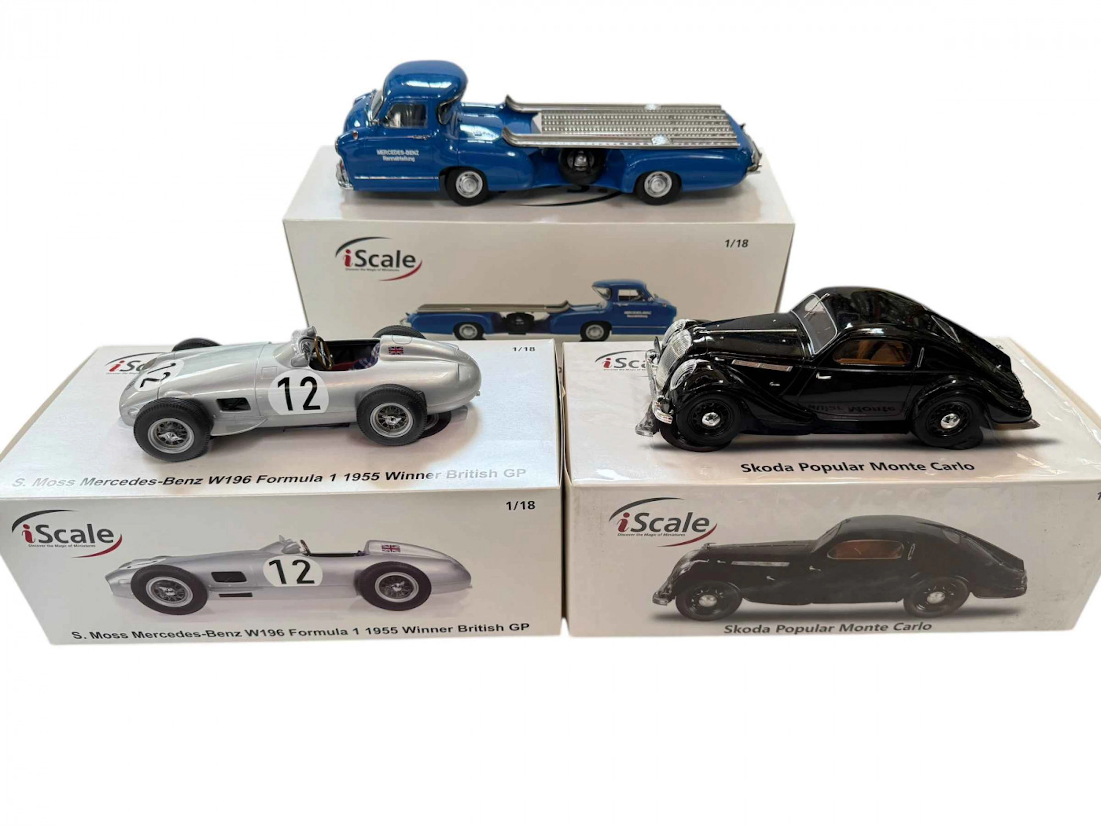 Seven various model vehicles; three iscale models, Mercedes Benz Renntransporter