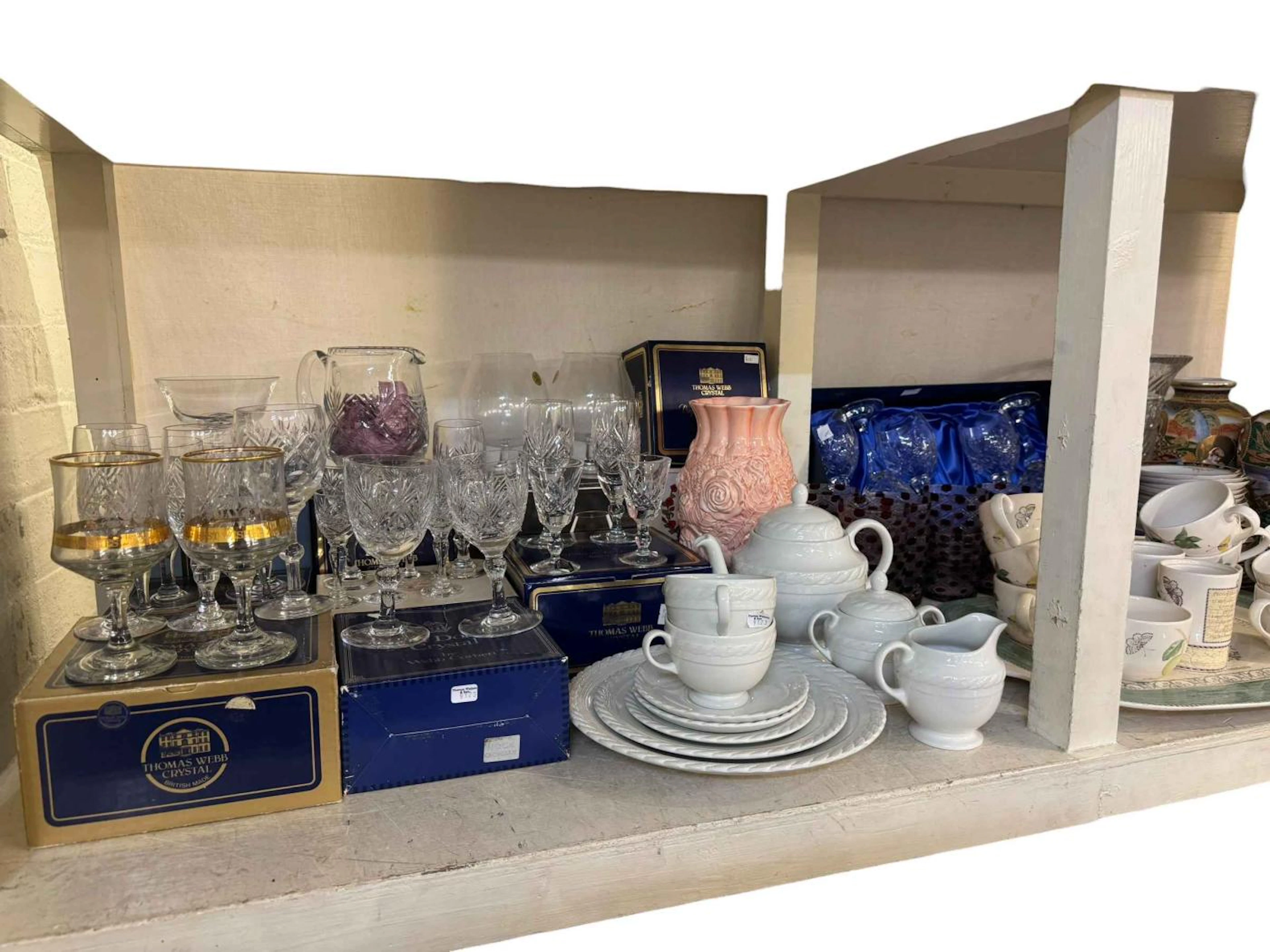 Full shelf of glassware and china including Wedgwood Sarah's garden