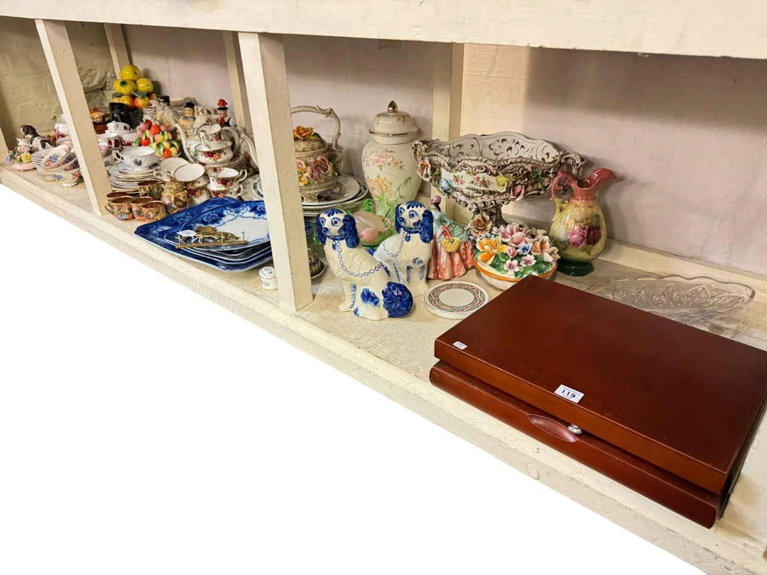 Full shelf of china and glass including Royal Albert Old Country Roses