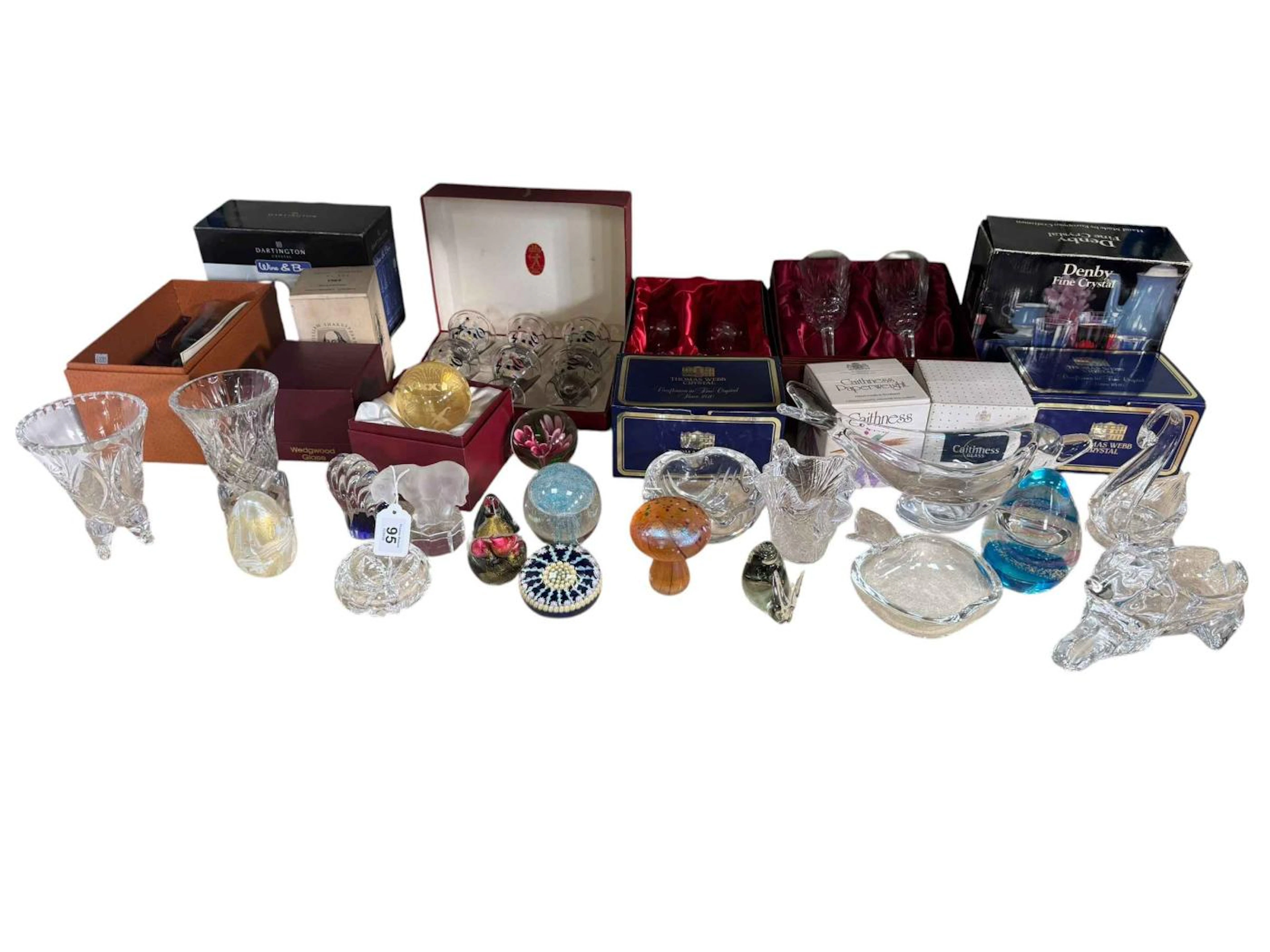 Glass paperweights, boxed goblets, vases, etc.