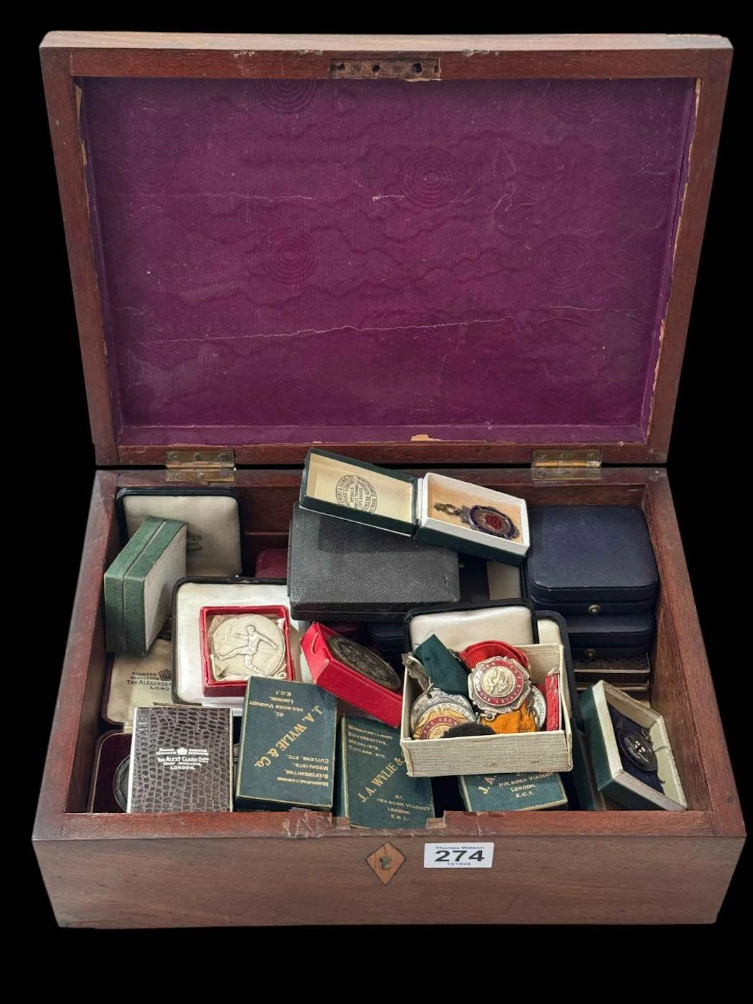 Mahogany box with collection of medals including 1930's and later