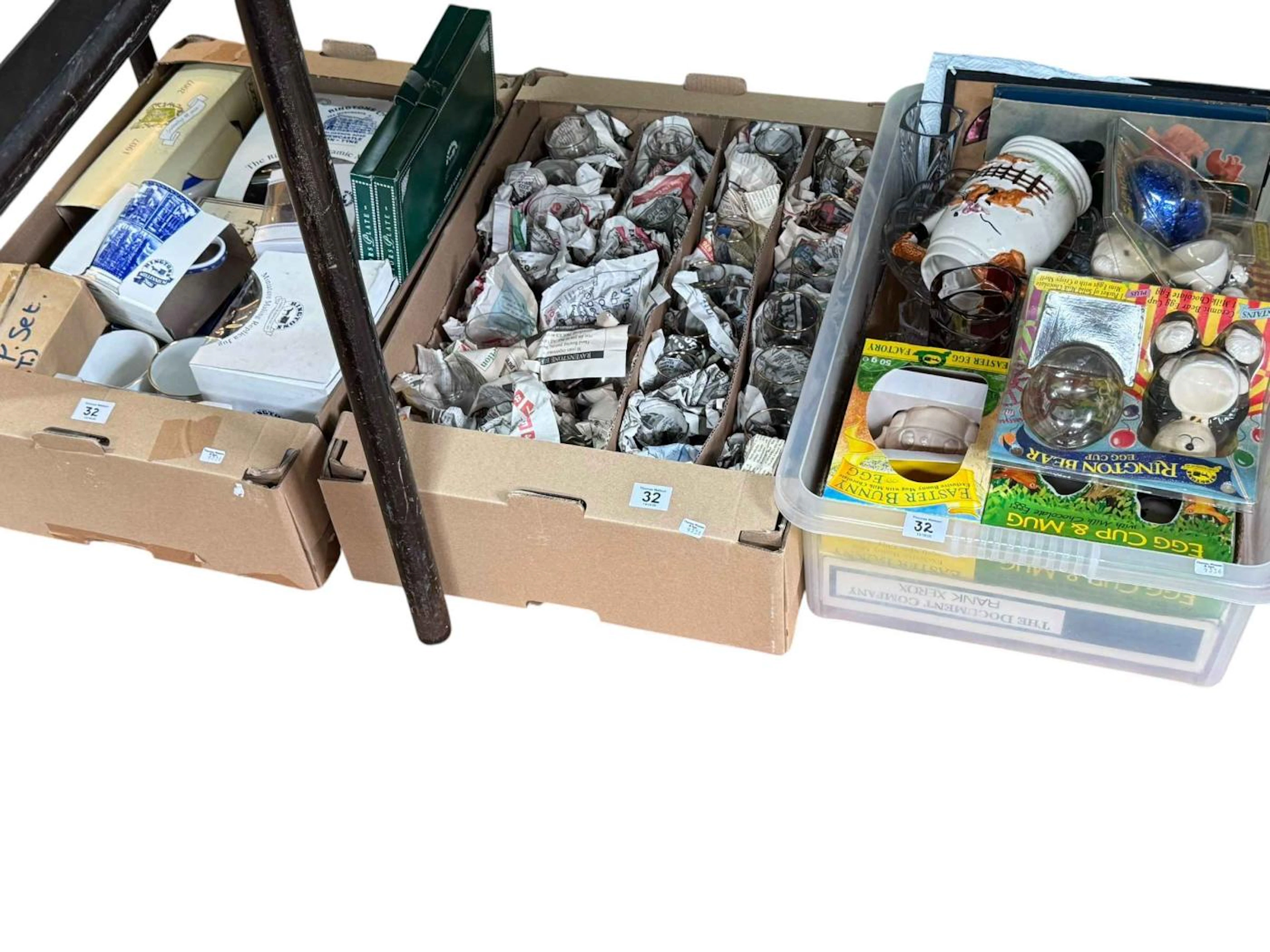 Three boxes of china and glass including Ringtons.
