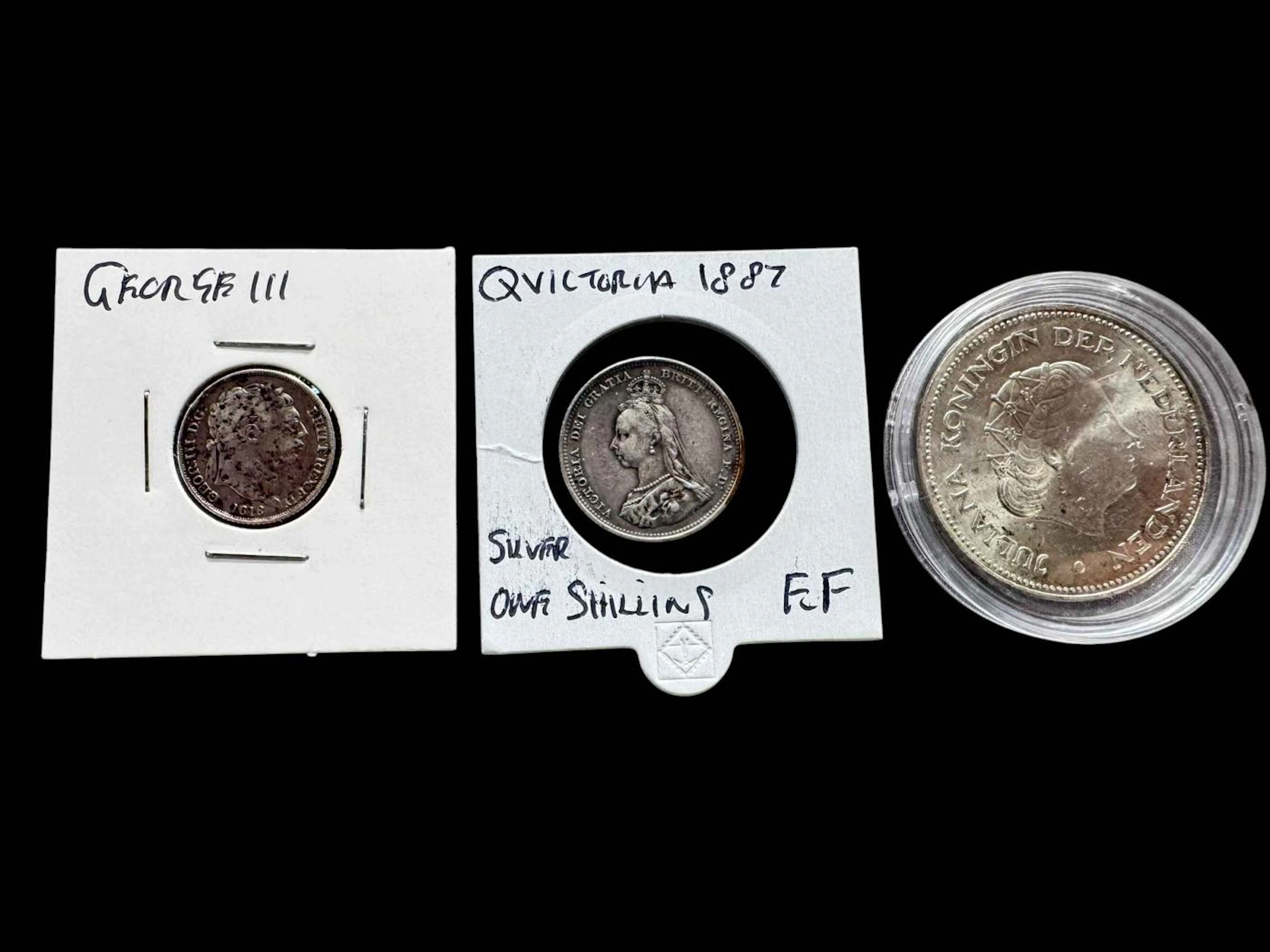 Dutch silver 10 gulden, 1818 sixpence and 1887 shilling (3).
