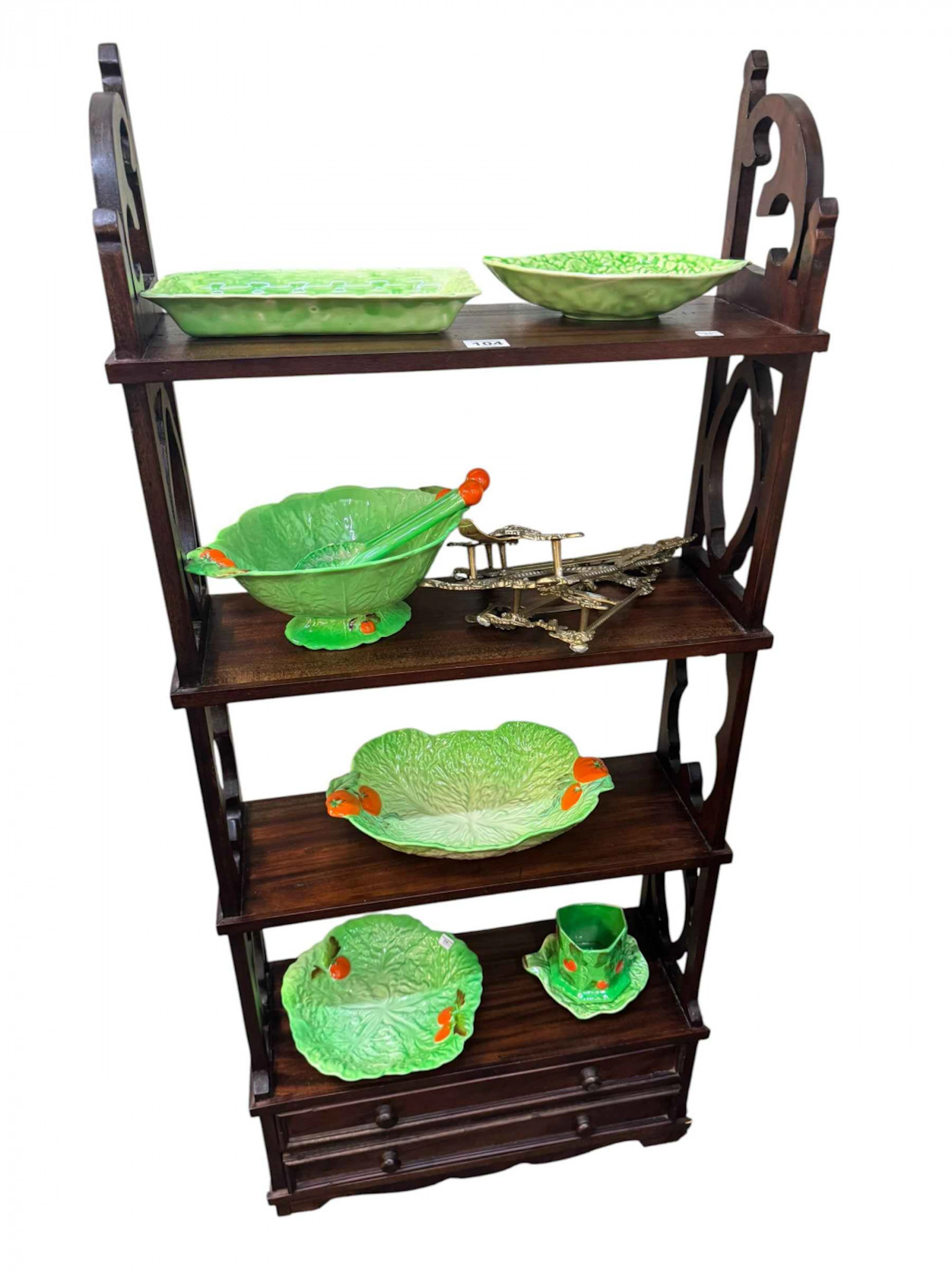 Mahogany whatnot, Carlton Ware and other leaf design china, three