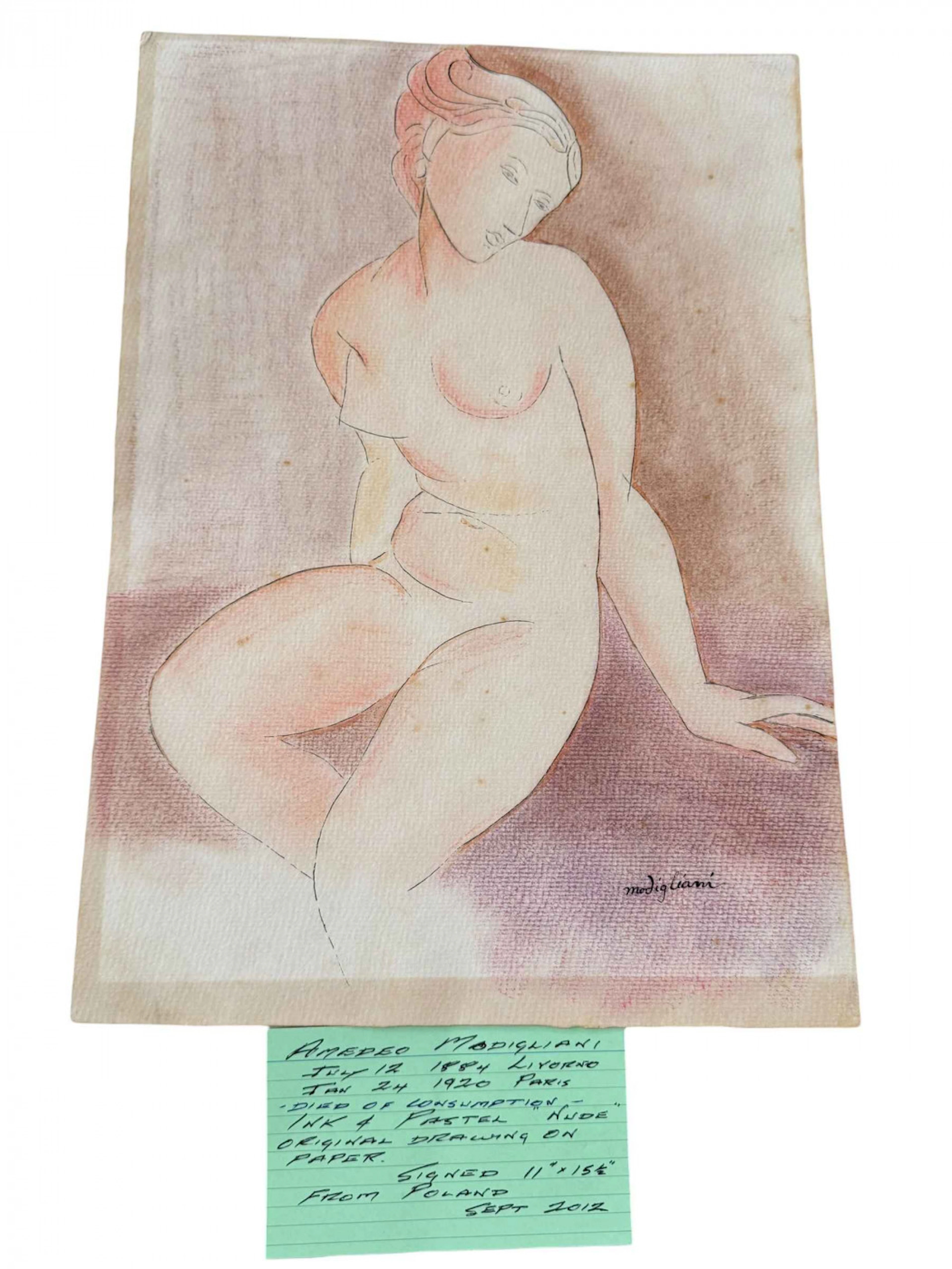 Amedeo Modigliani, ink and pastel nude, signed, 39cm by 28cm.