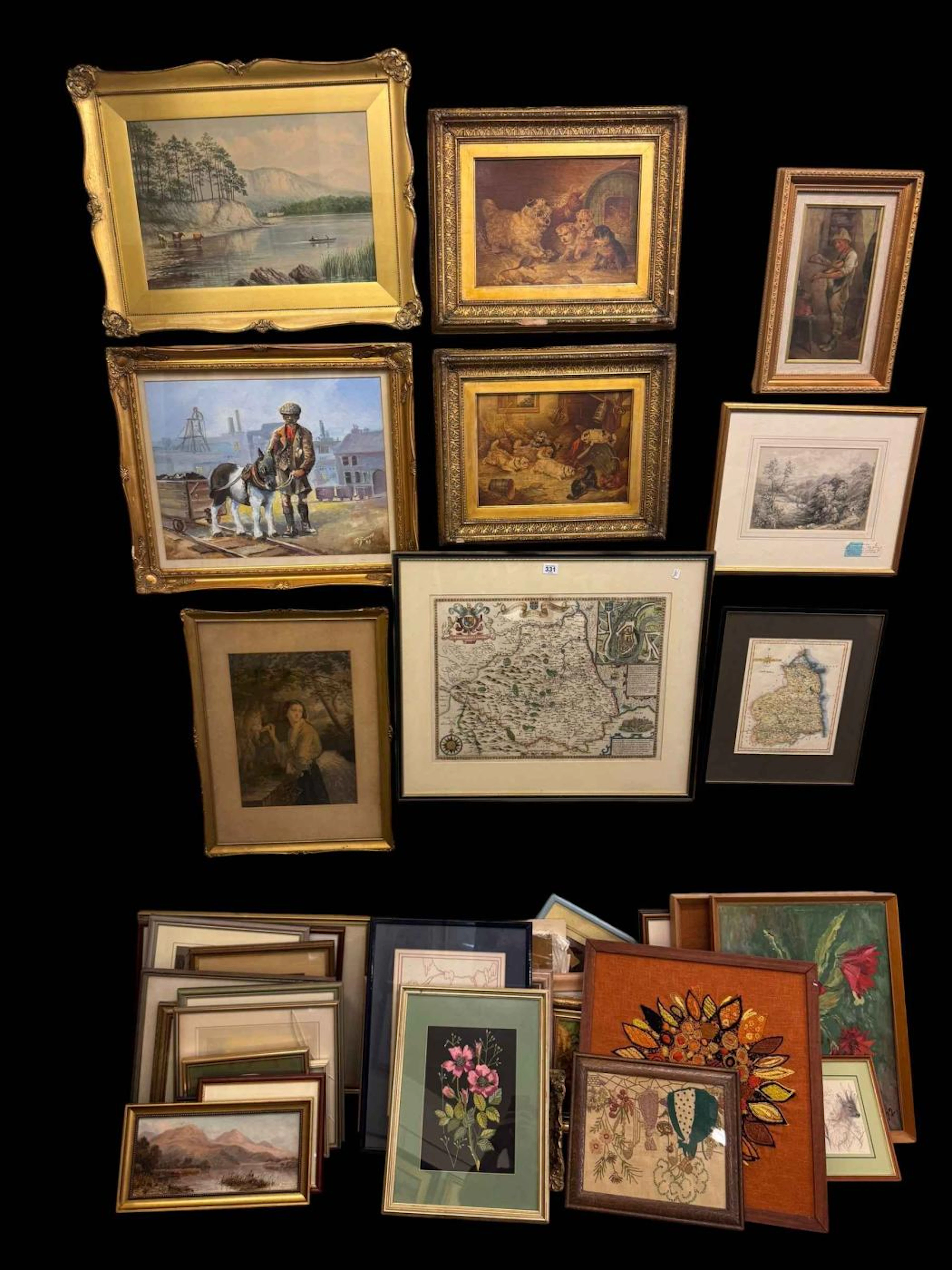 Large collection of pictures including watercolours, oils, embroideries