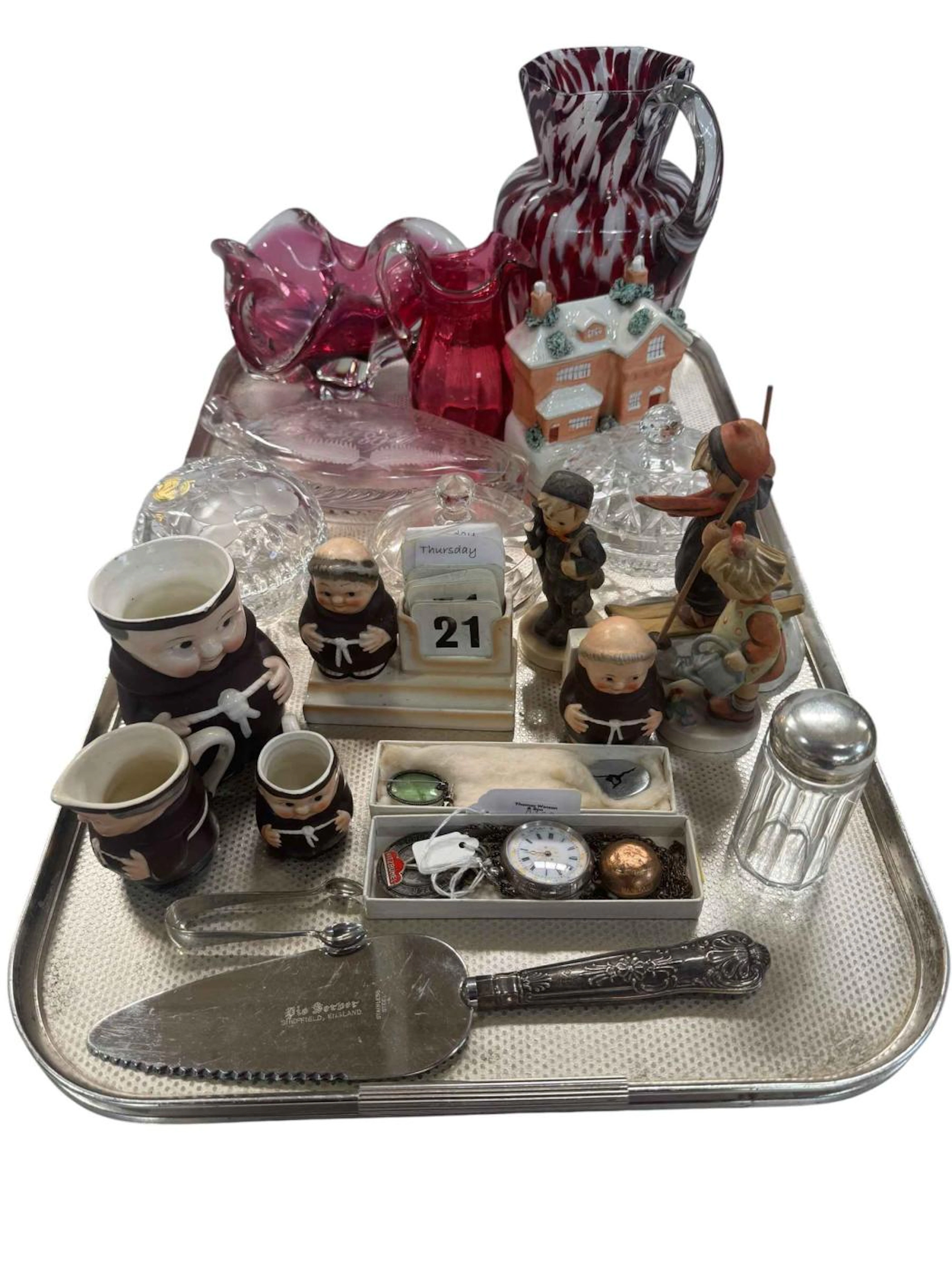 Tray lot with Hummel, antique glass, silver fob watch, etc.