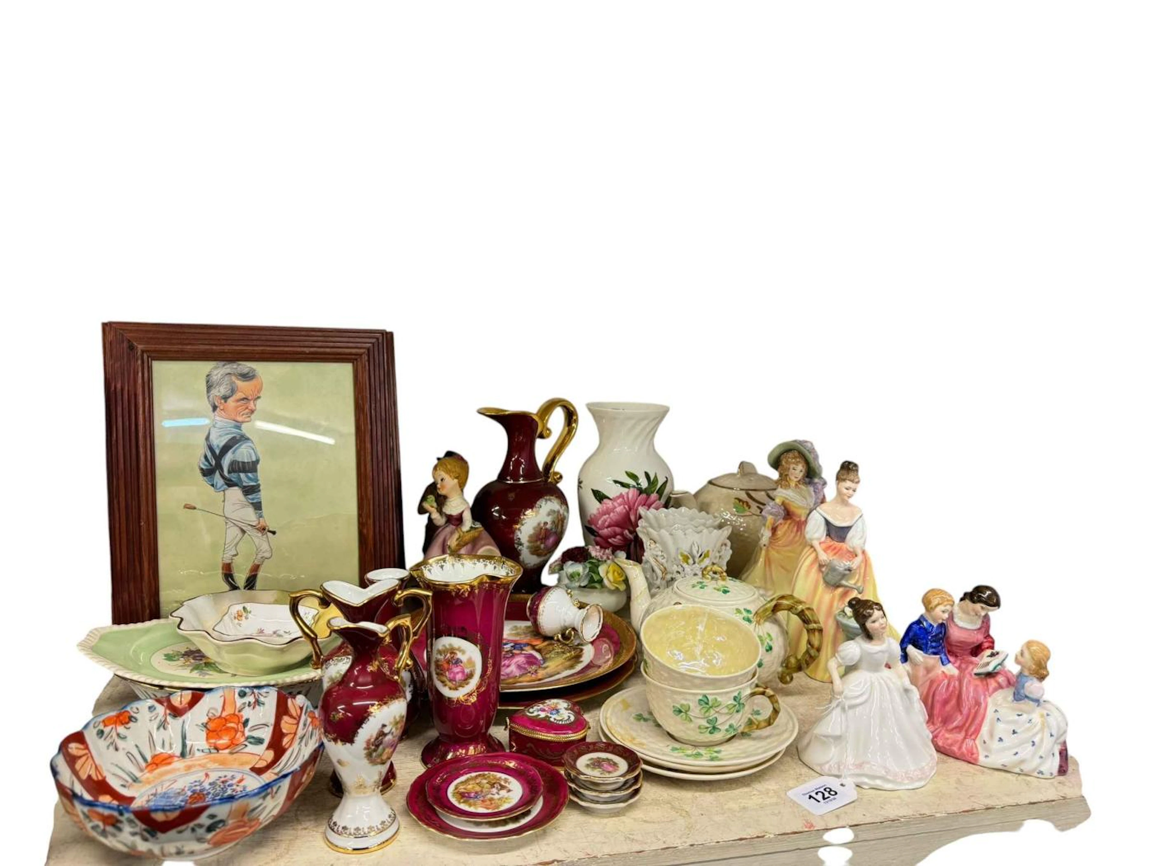 Four Royal Doulton lady figures and two others, Belleek teapot with