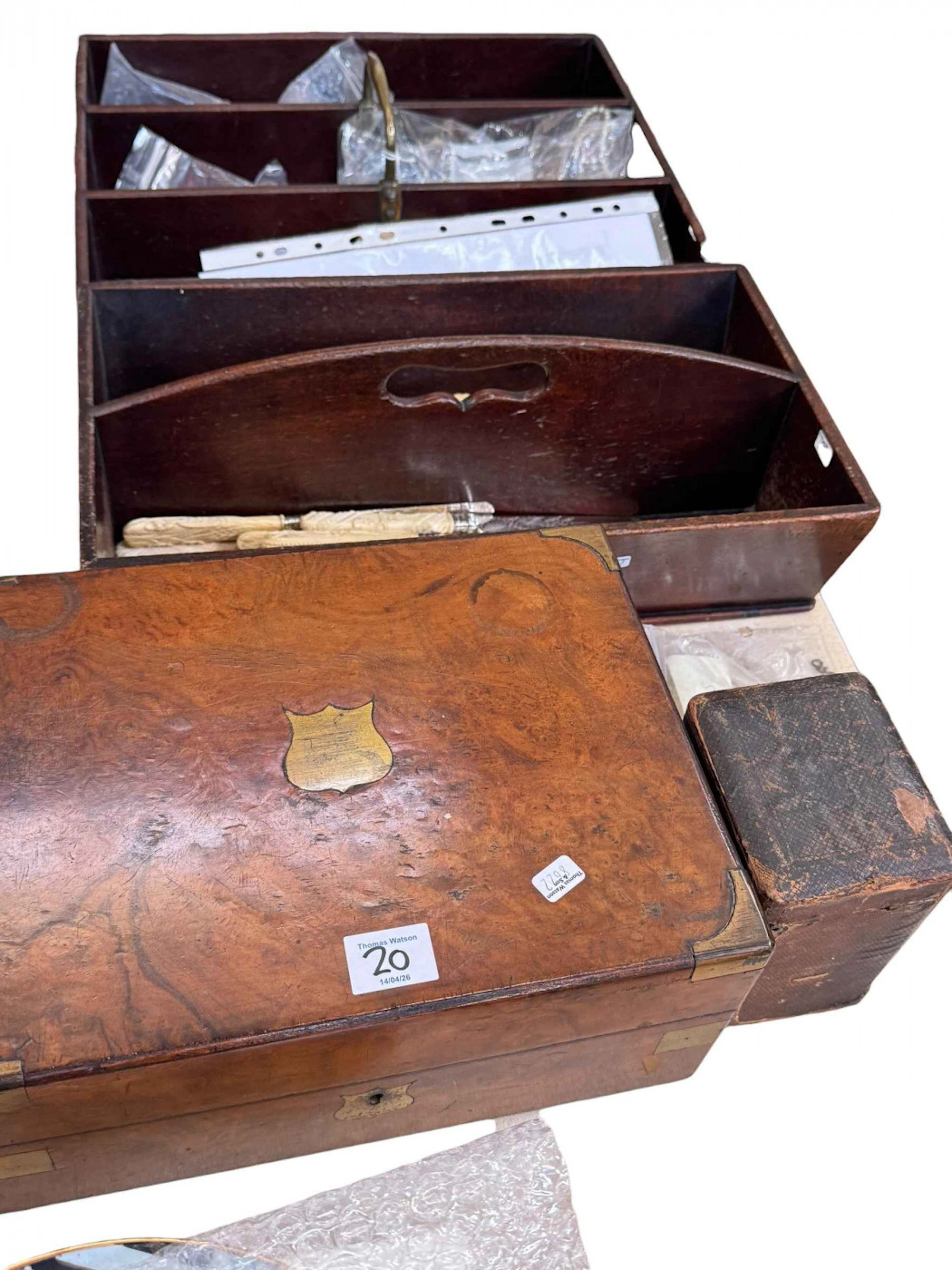 Two mahogany cutlery trays and cutlery, a small Armand Marseilles