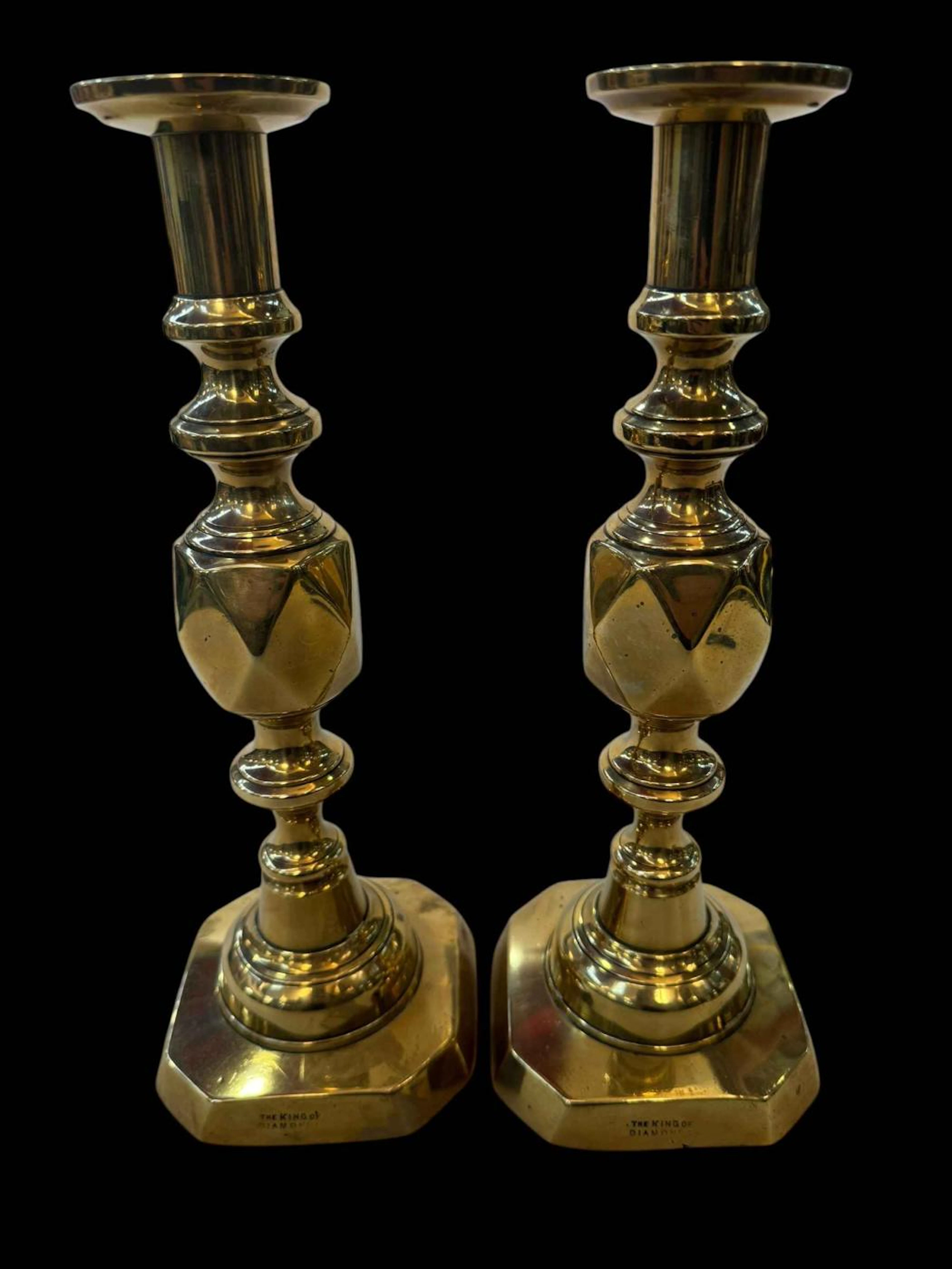 Pair Victorian 'King of Diamonds' brass candlesticks, 31.5cm.