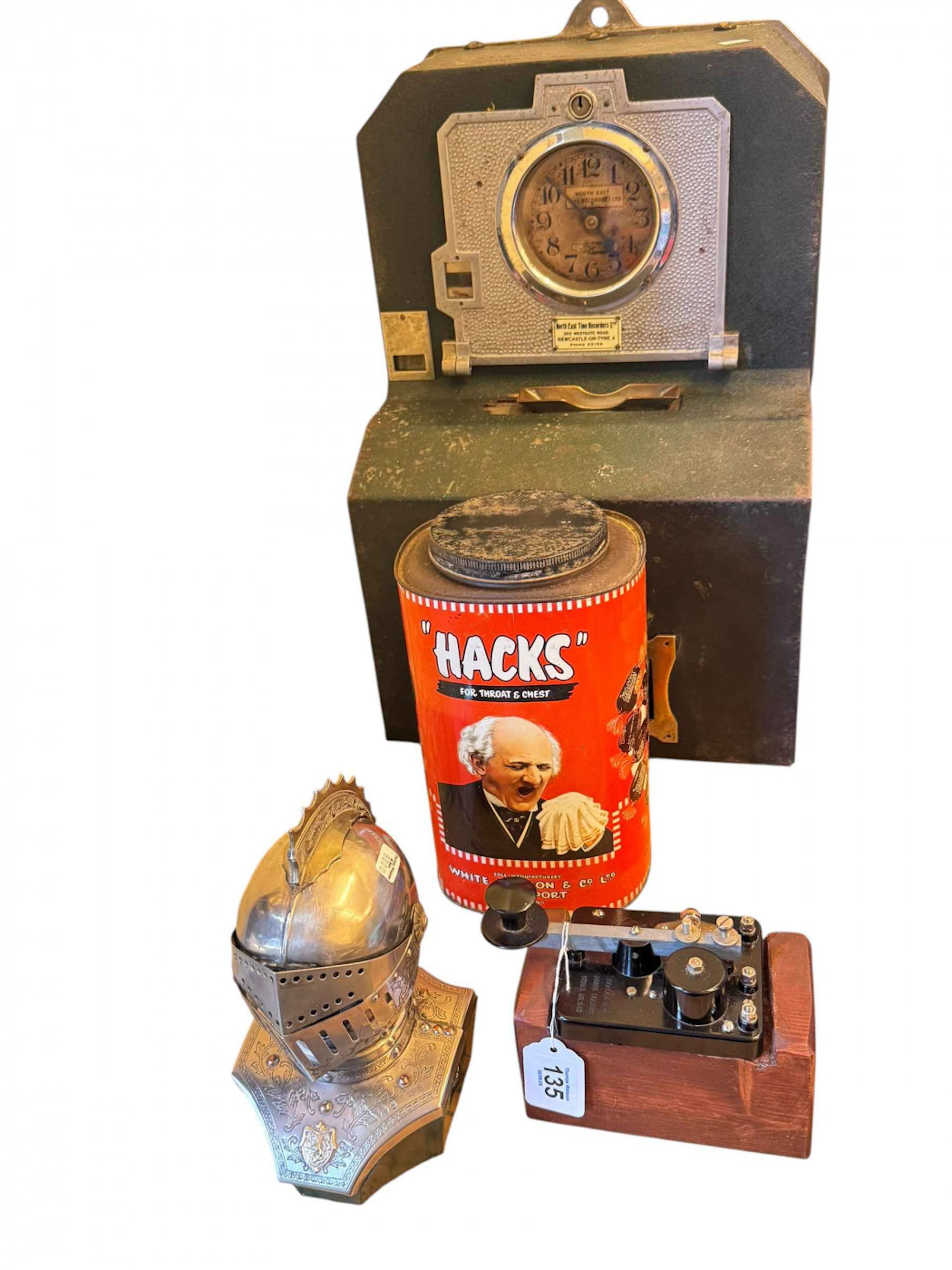 North East time recorder deck, Morse code trainer, knight helmet novelty