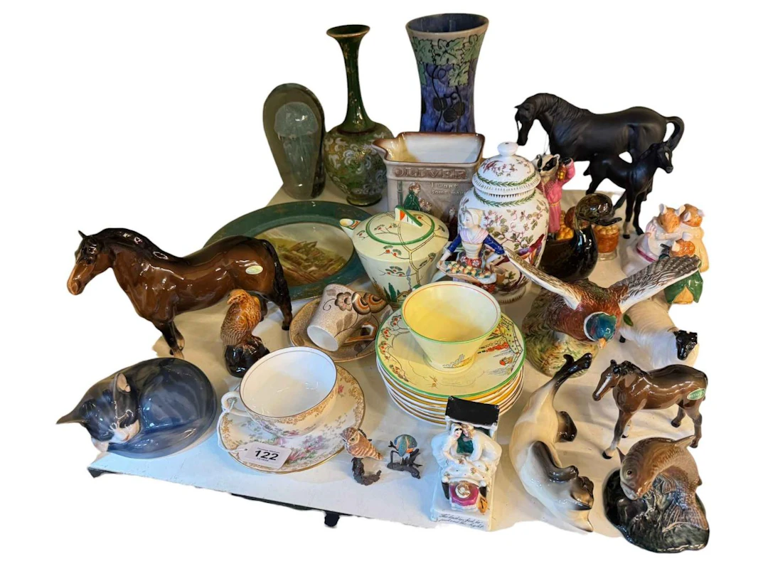 Two Doulton vases, jug, Beswick horses, cat, sheep, birds, Royal Copenhagen