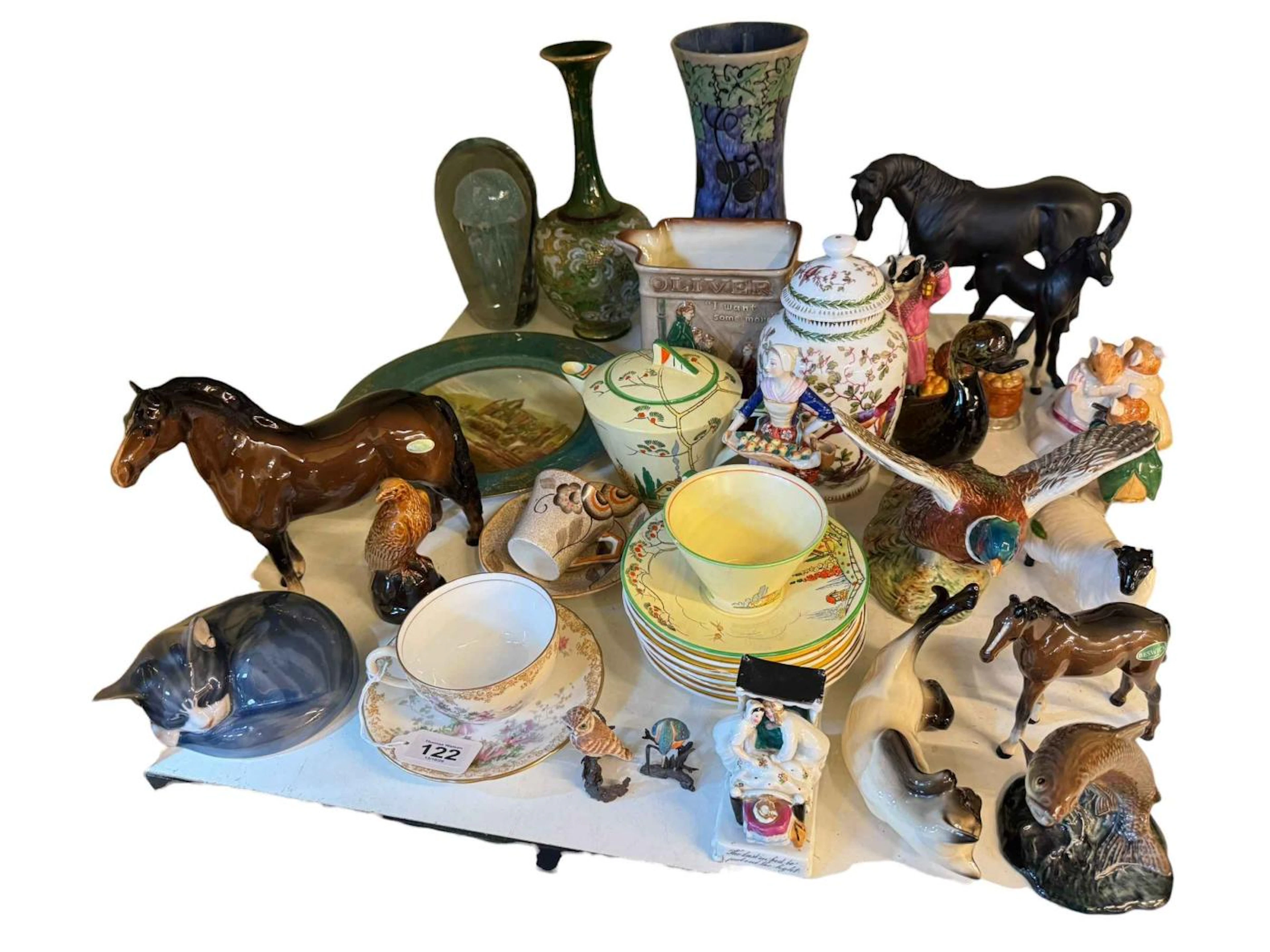 Two Doulton vases, jug, Beswick horses, cat, sheep, birds, Royal Copenhagen