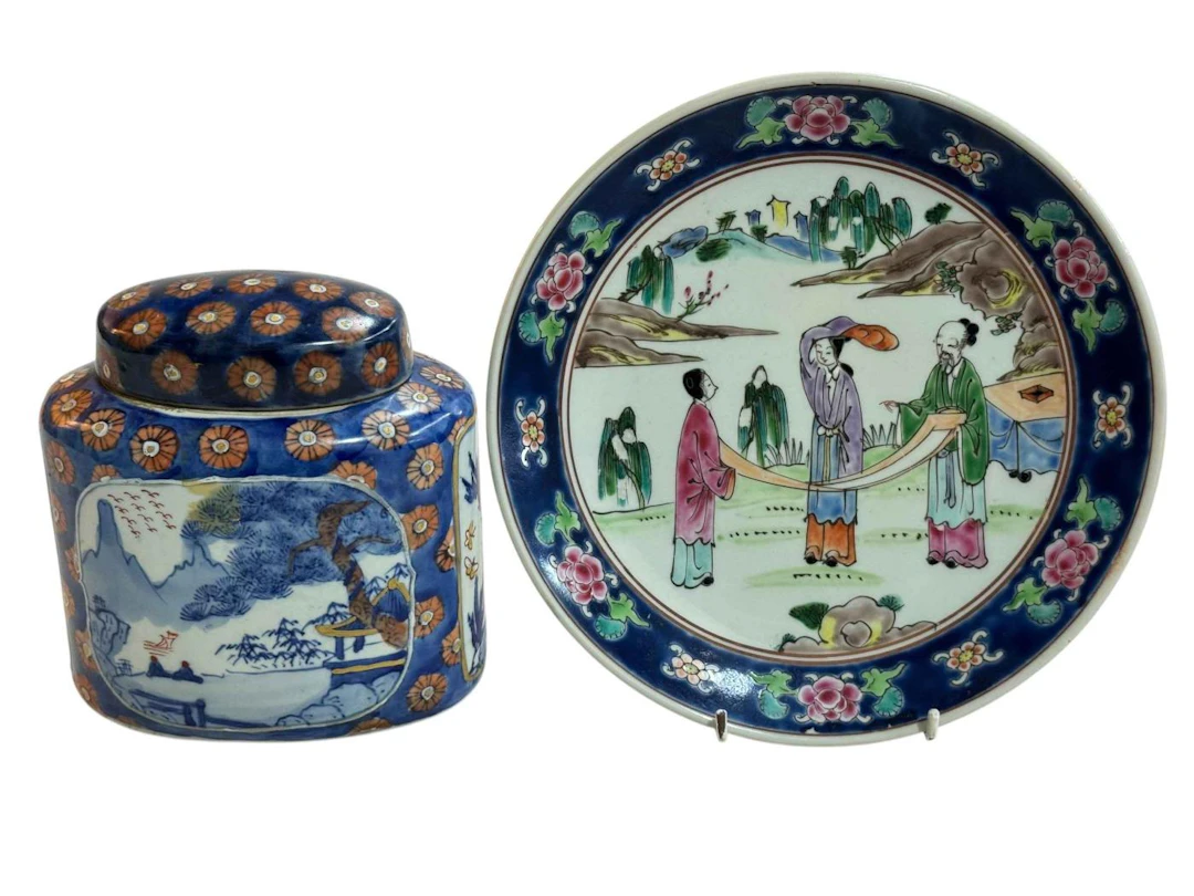 Chinese canister decorated with mountainous scenes and a Japanese