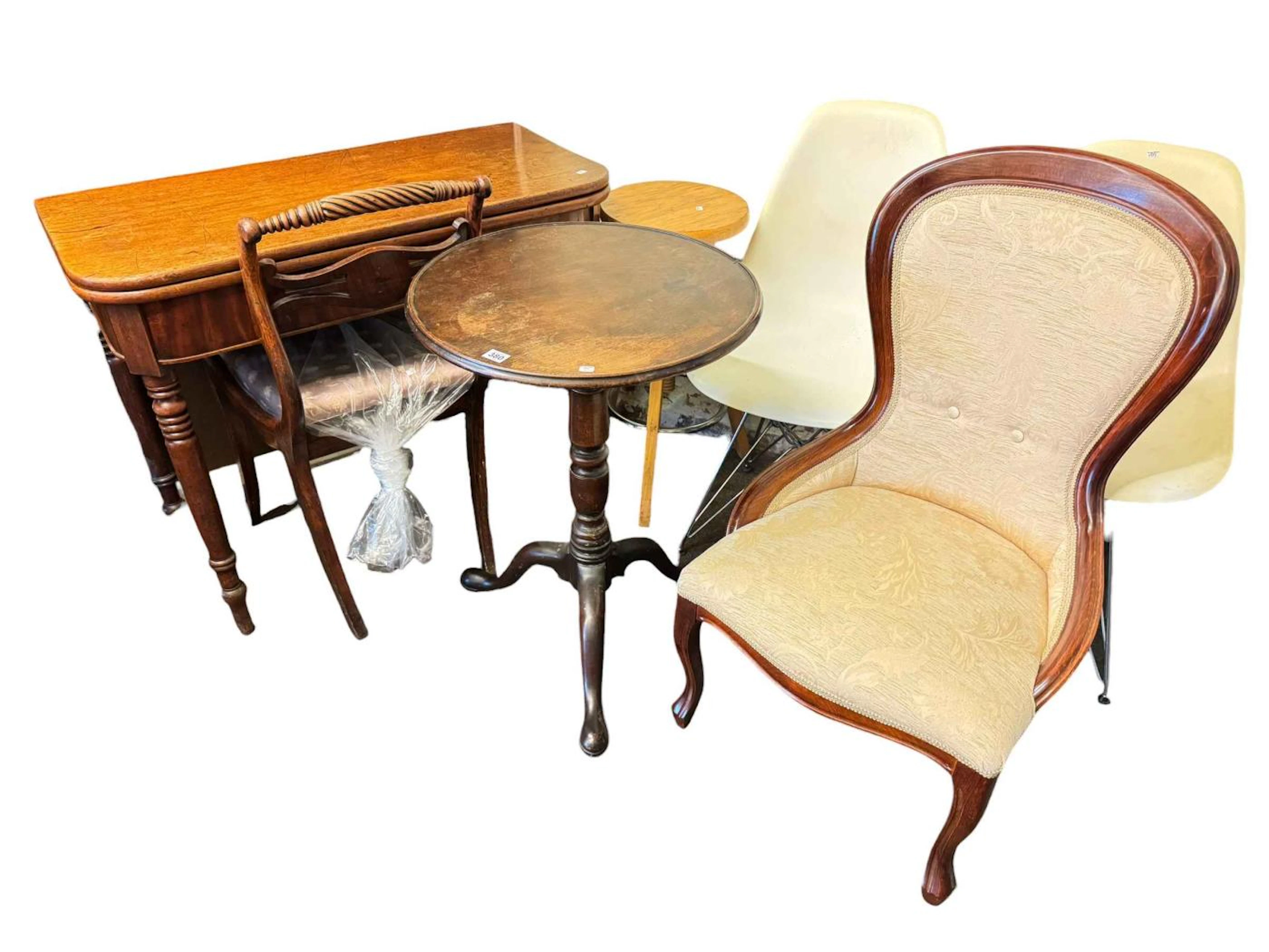 Turn over top tea table, 19th Century tripod table, nursing chair
