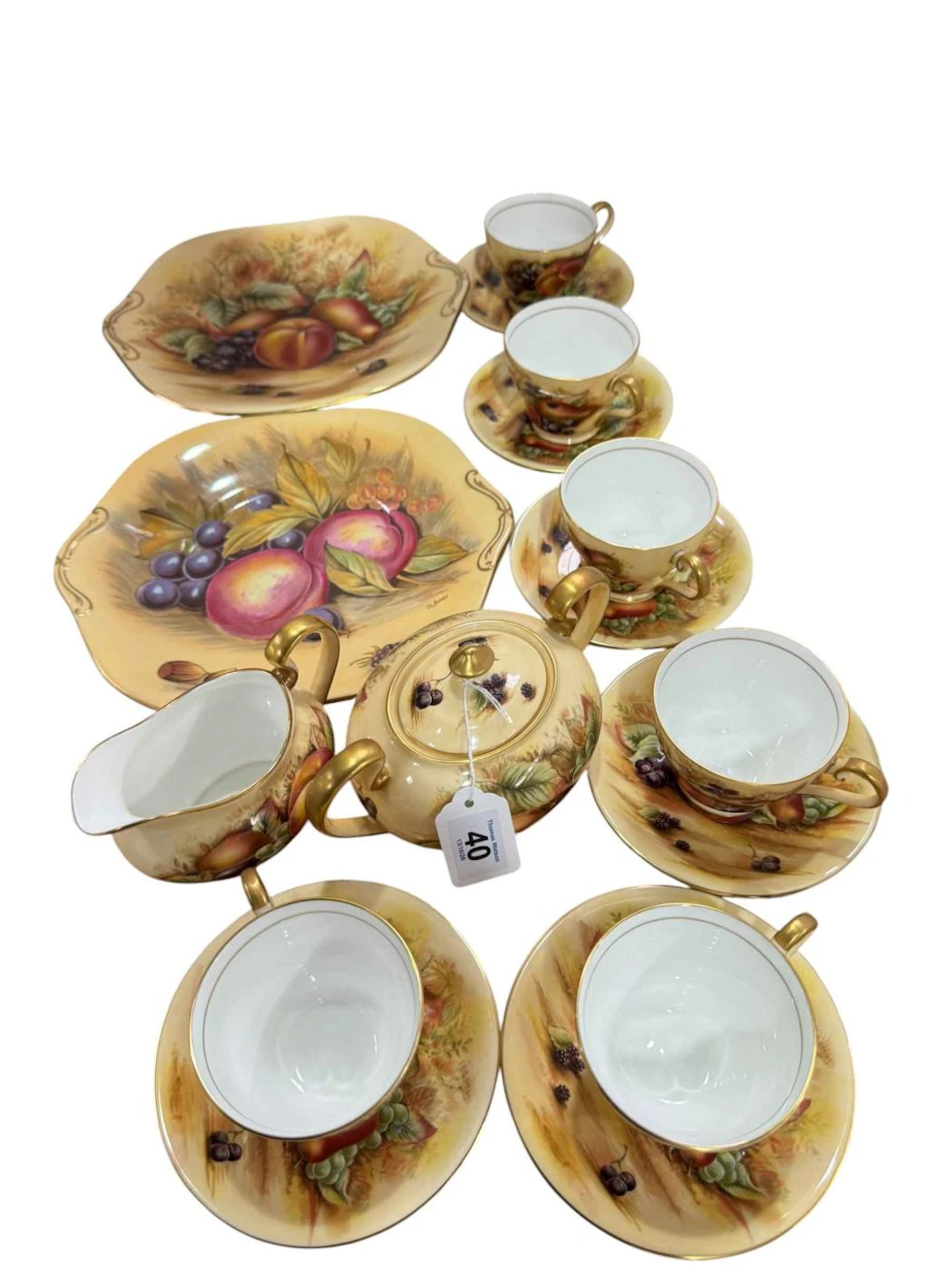 Aynsley Orchard Gold six cups and saucers, sugar and cream and two cake plates.
