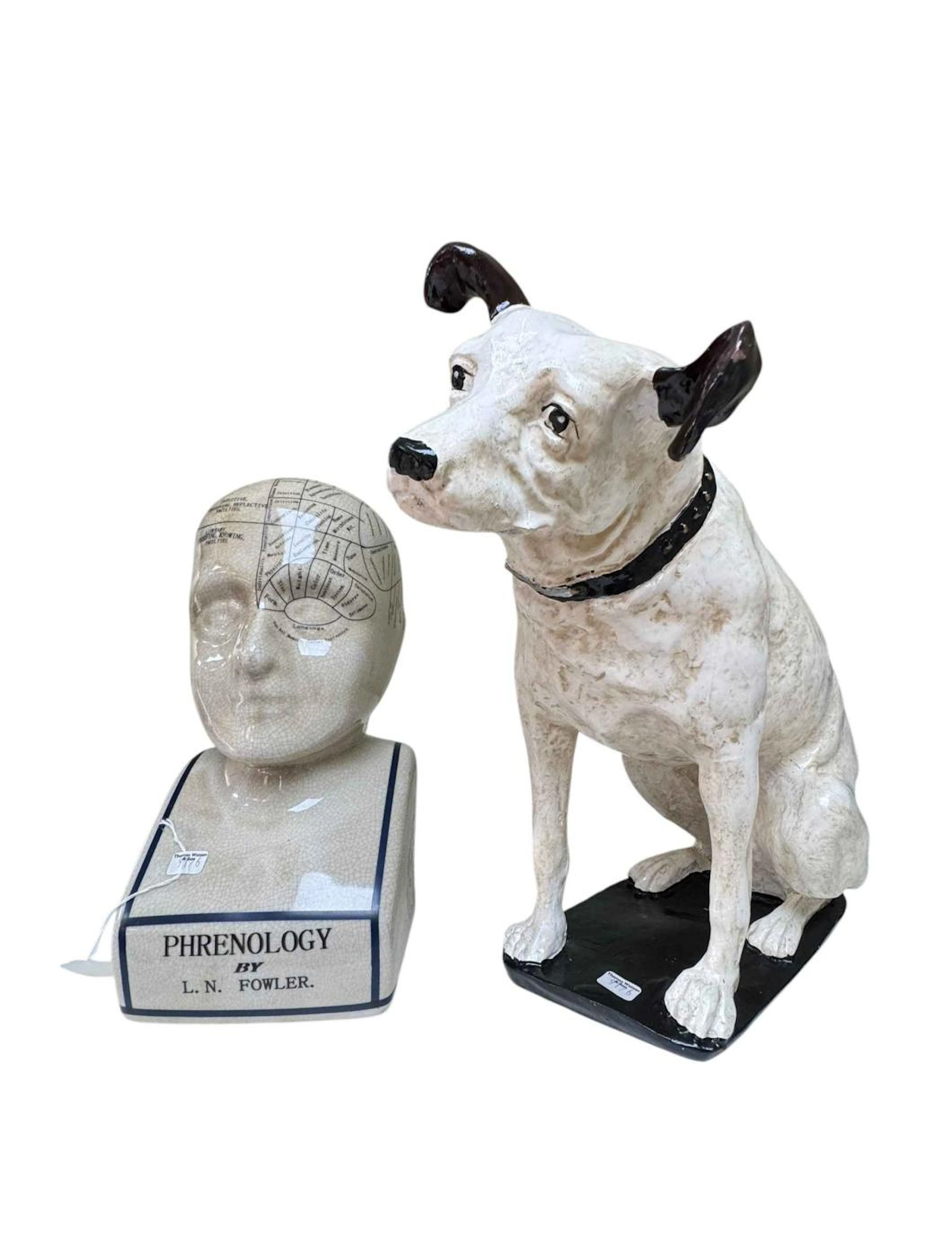 HMV nipper advert ornament and a Phrenology head.