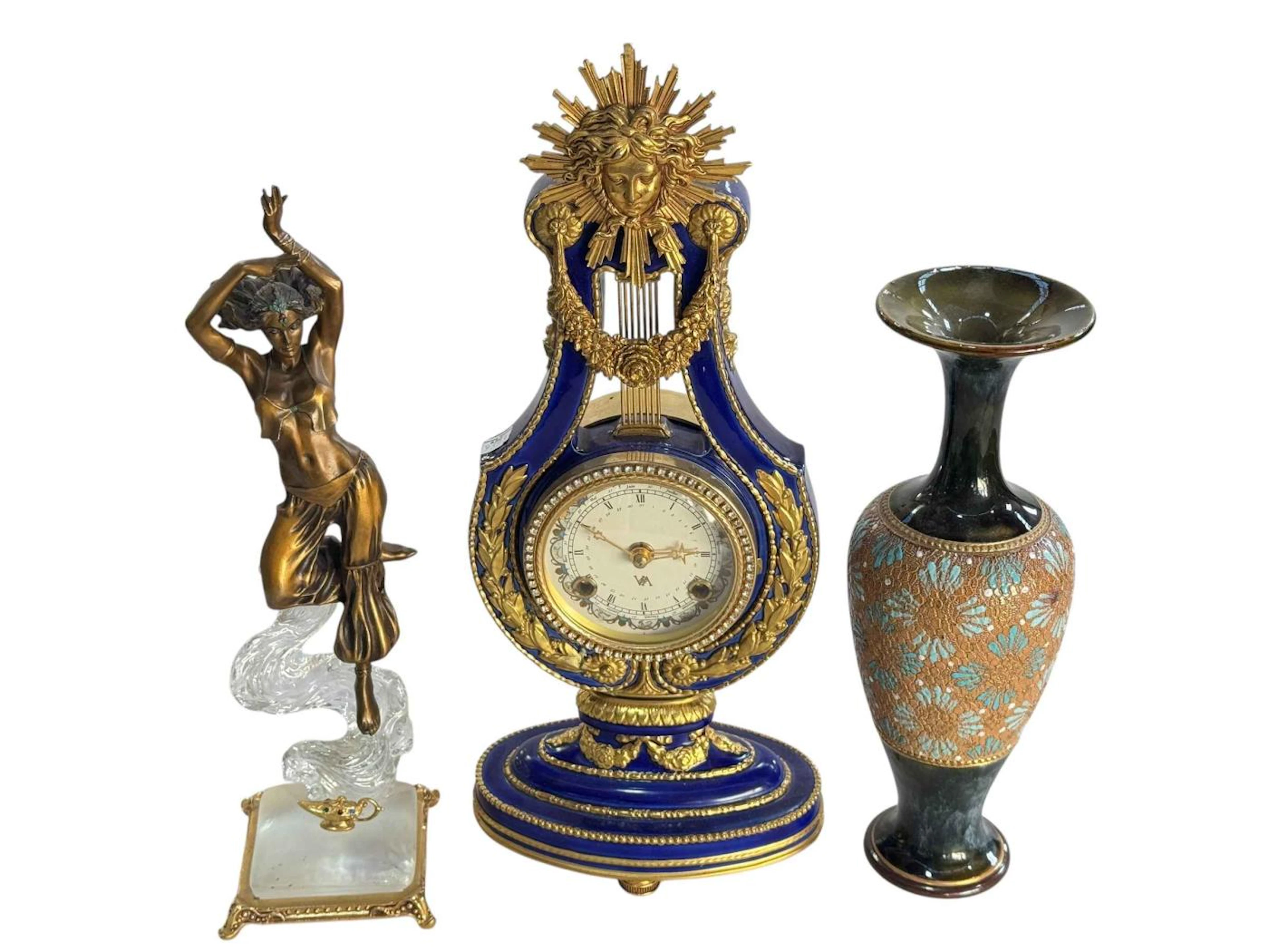 Sculpture of female dancer, 32cm, Royal Doulton vase, and V & A replica