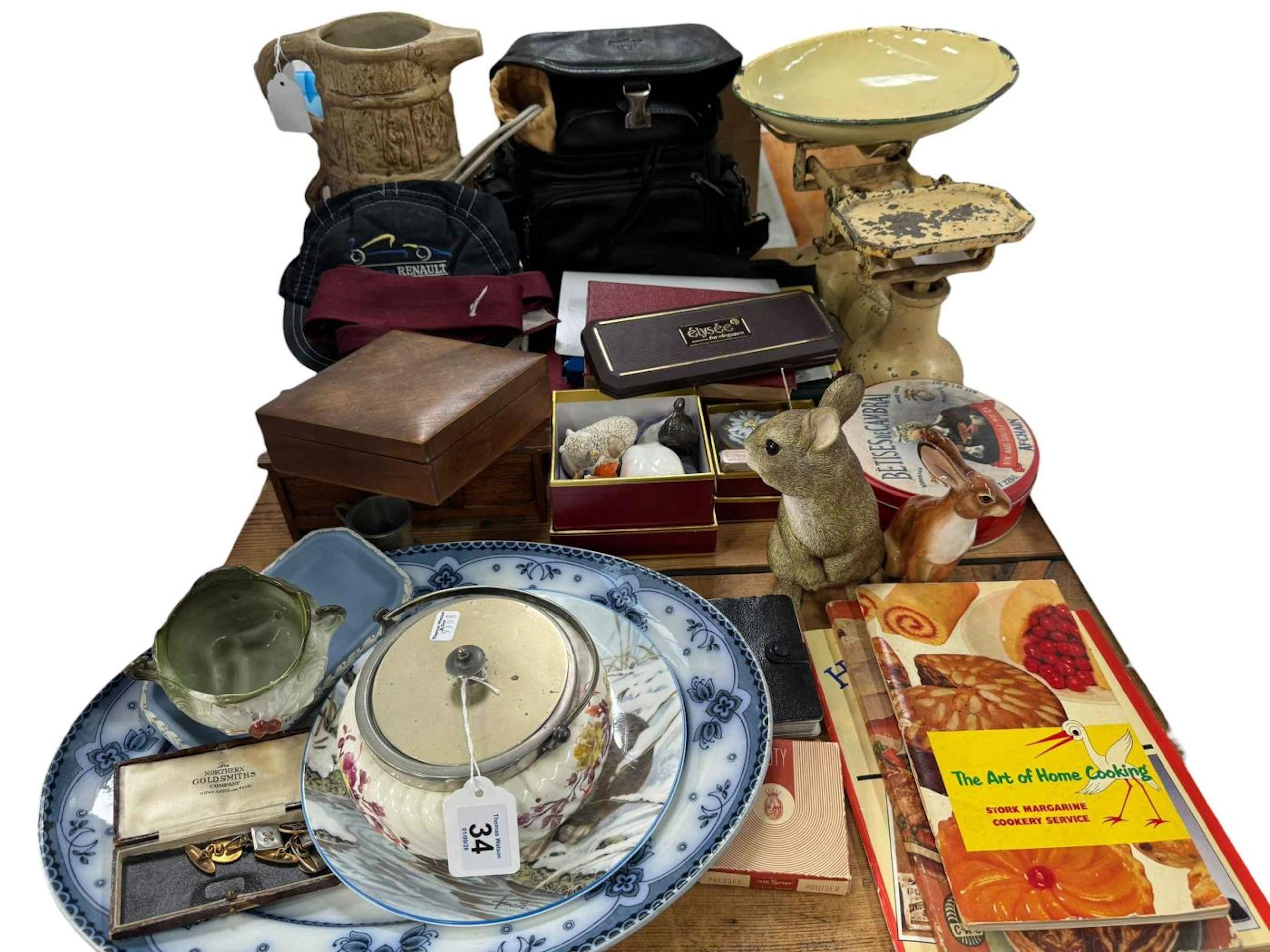 Hillstonia Pottery stoneware jug, kitchen scales and weights, camera