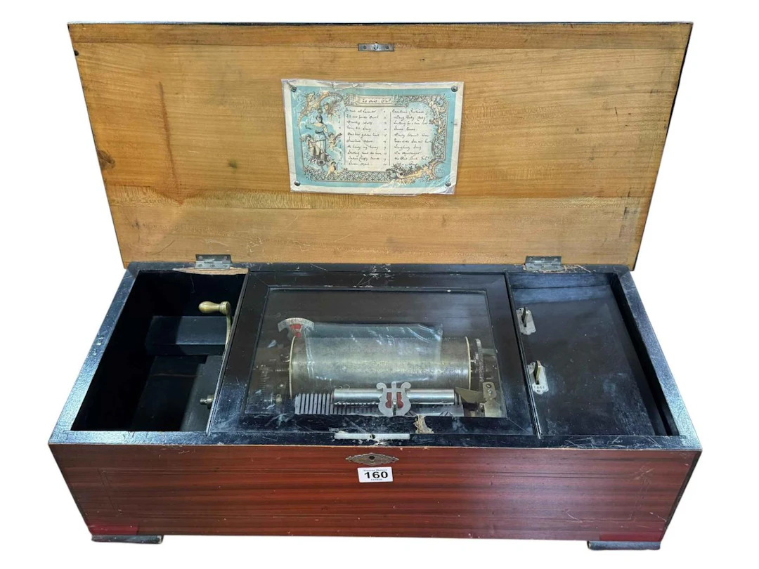 Antique Swiss cylinder music box, the lid with label detailing 20