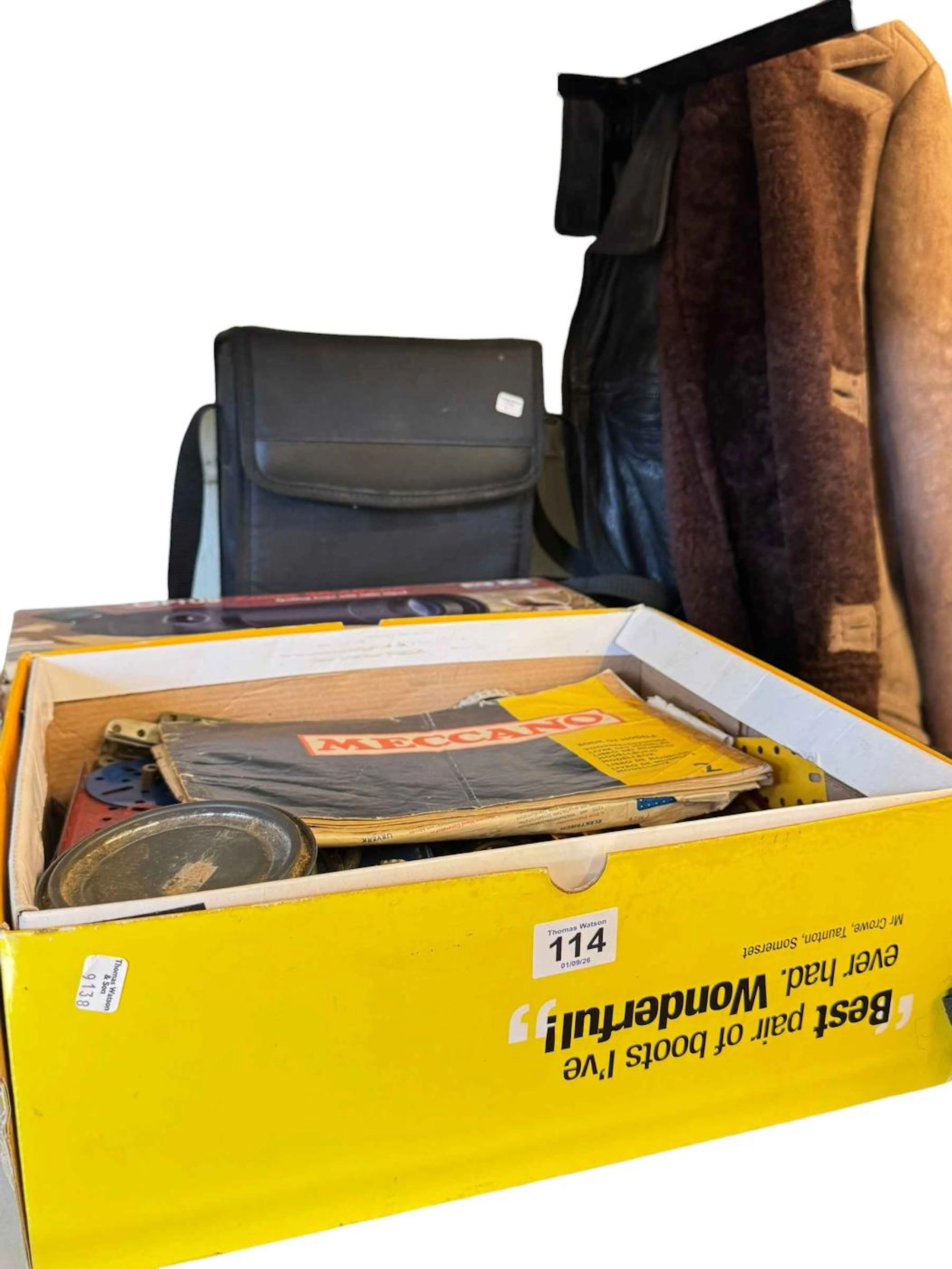 Cased set of binoculars, Optus Spotting Scope, tripod, box of vintage