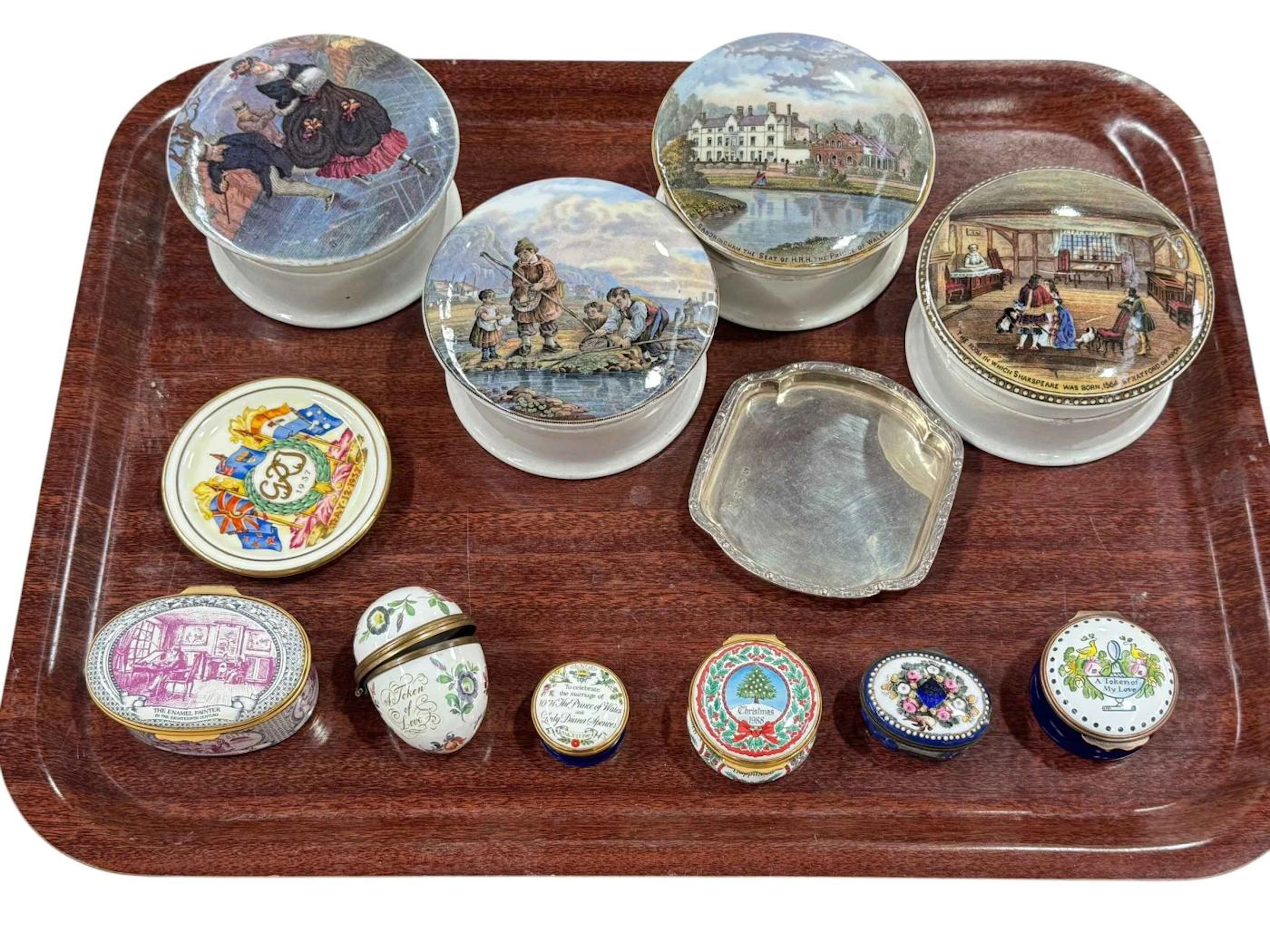 Four pot lids including Sandringham, five Halcyon enamel boxes, antique