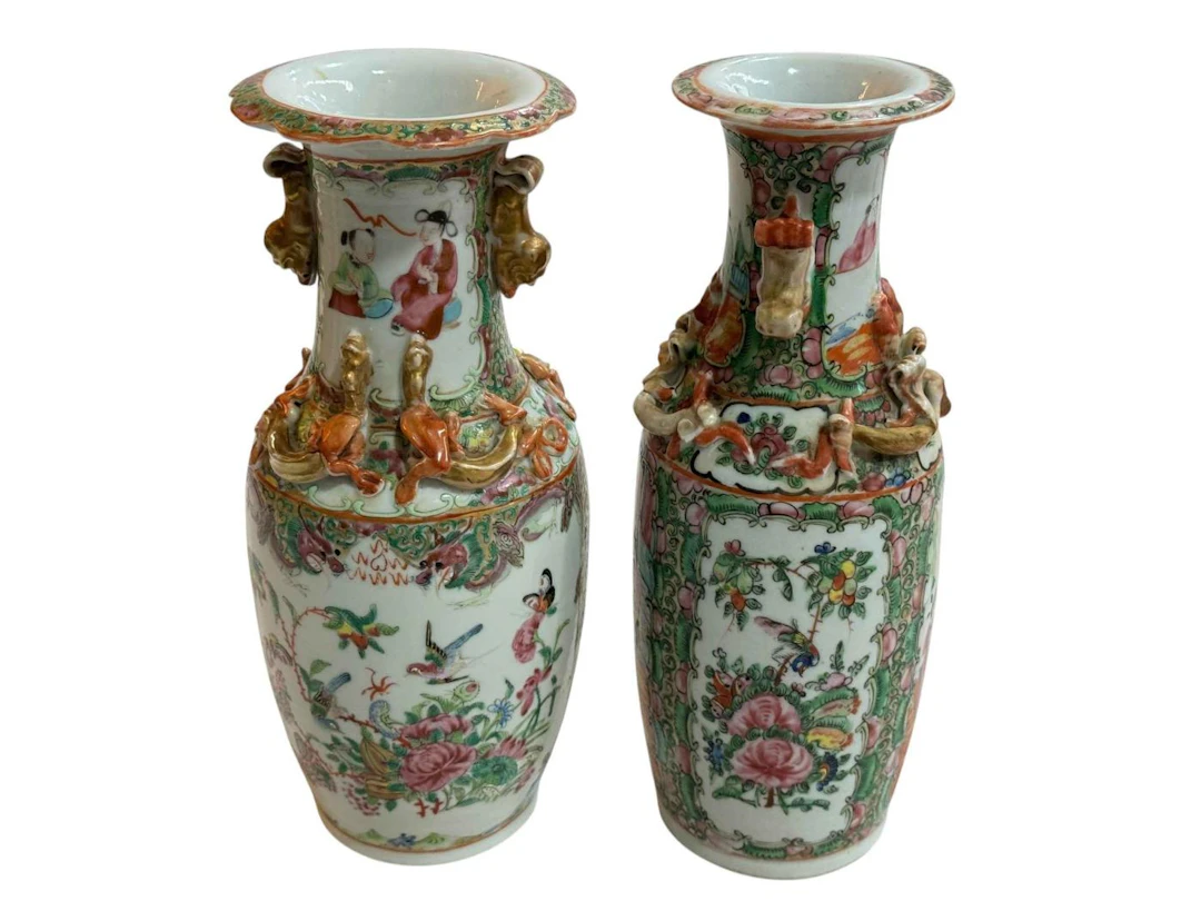 Two Cantonese vases with famille rose, bird and figure decoration, 25.5cm.