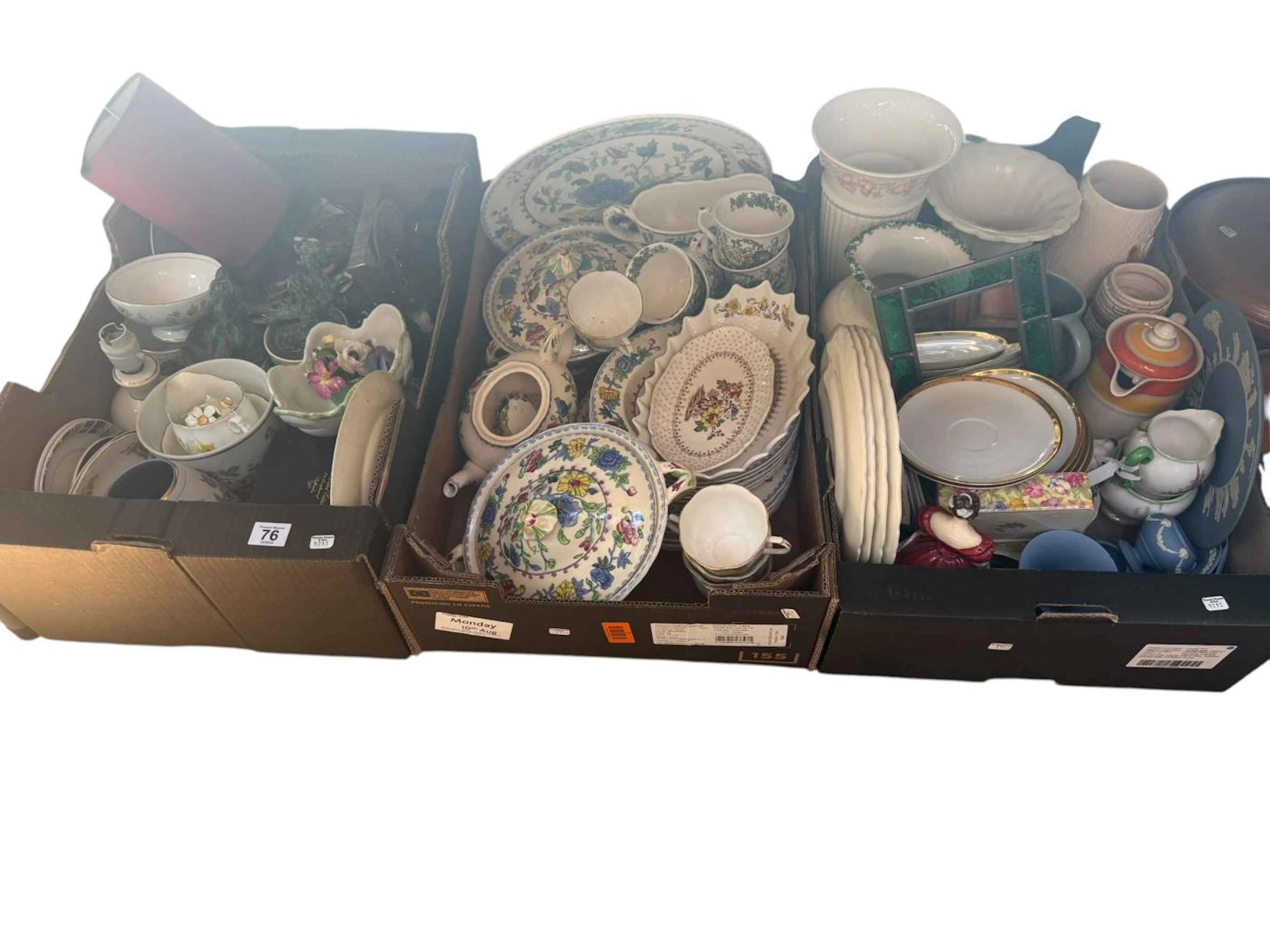 Five boxes of assorted china including Wedgwood Jasperware, Masons