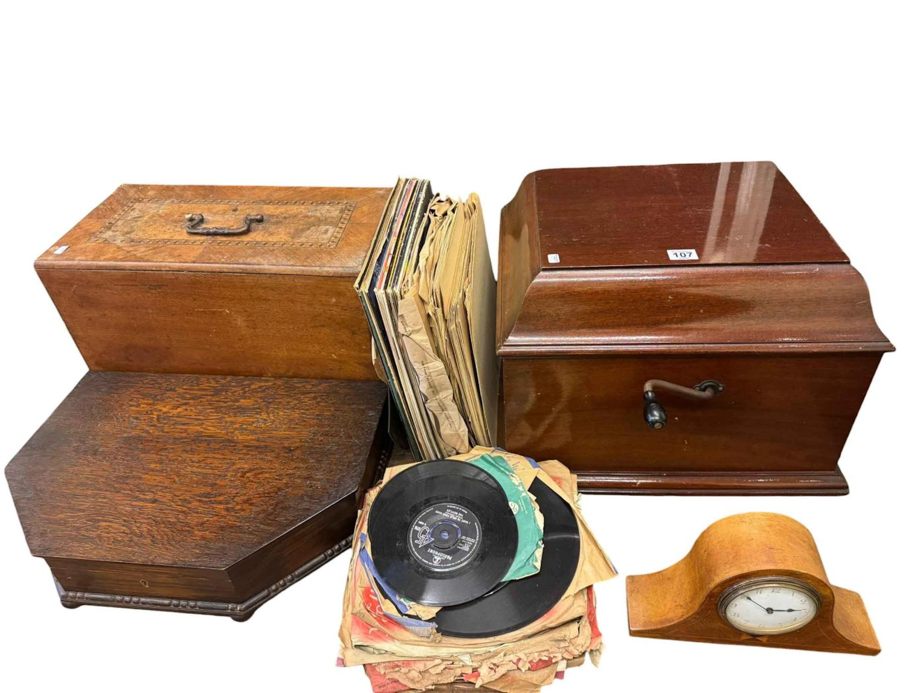 Wind up gramophone with records, sewing machine, canteen of cutlery
