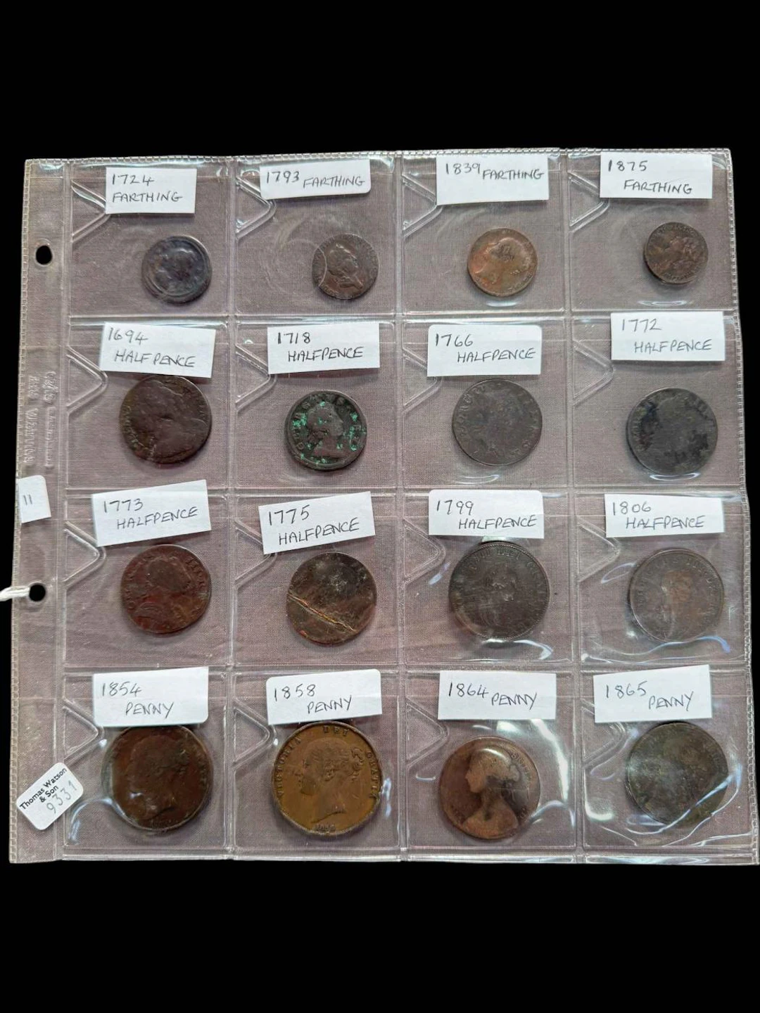 Sixteen copper coins from 1700's and 1800's.