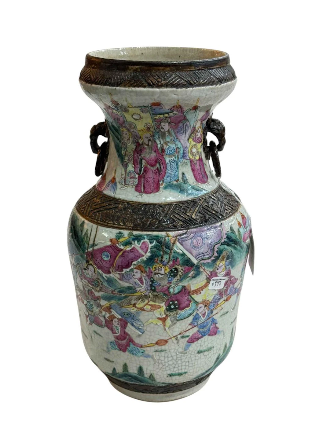 Chinese crackle glazed vase decorated with warriors, 34cm.