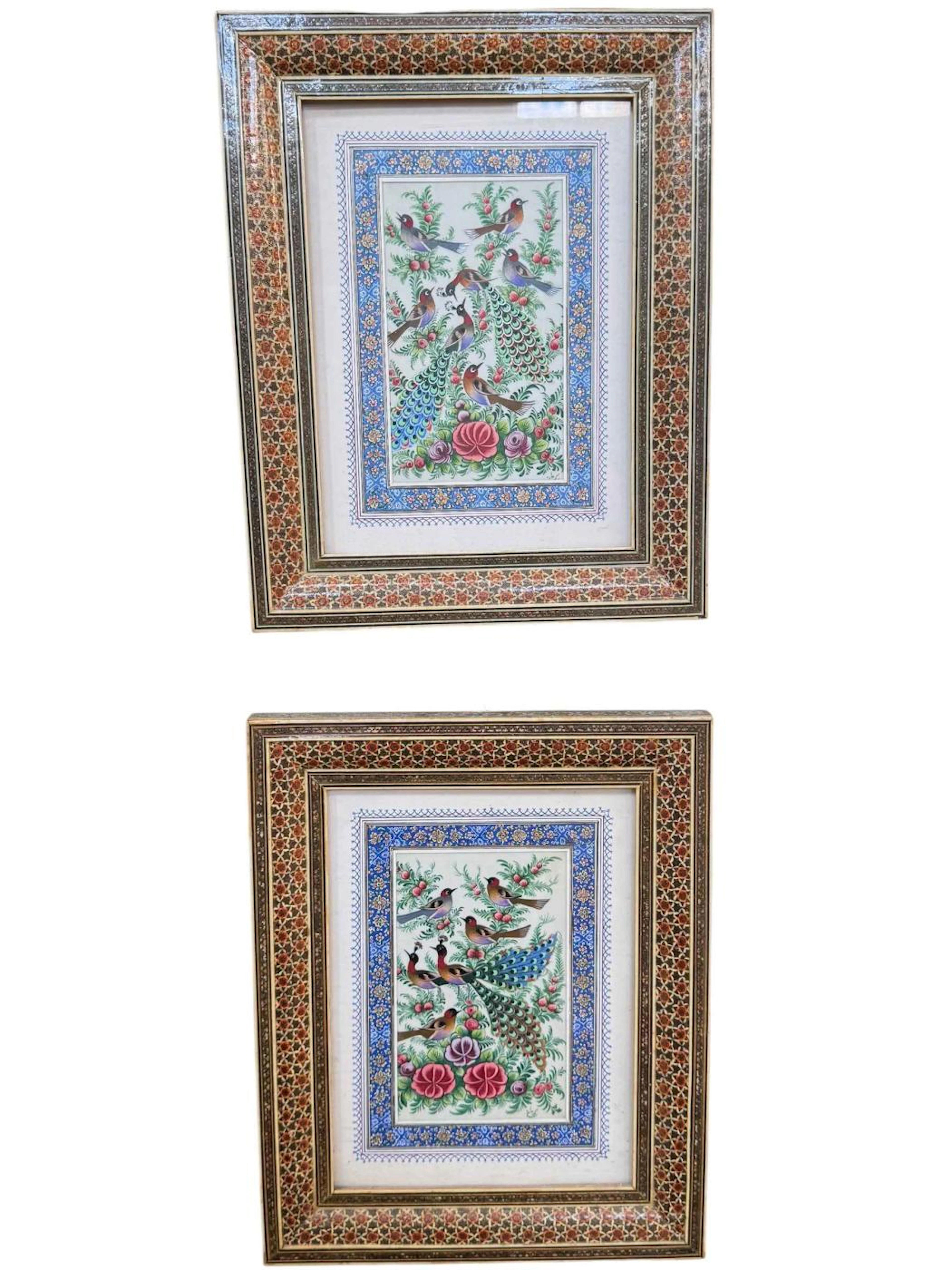 Persian Art, pair of ornate peacock pictures with marquetry frames