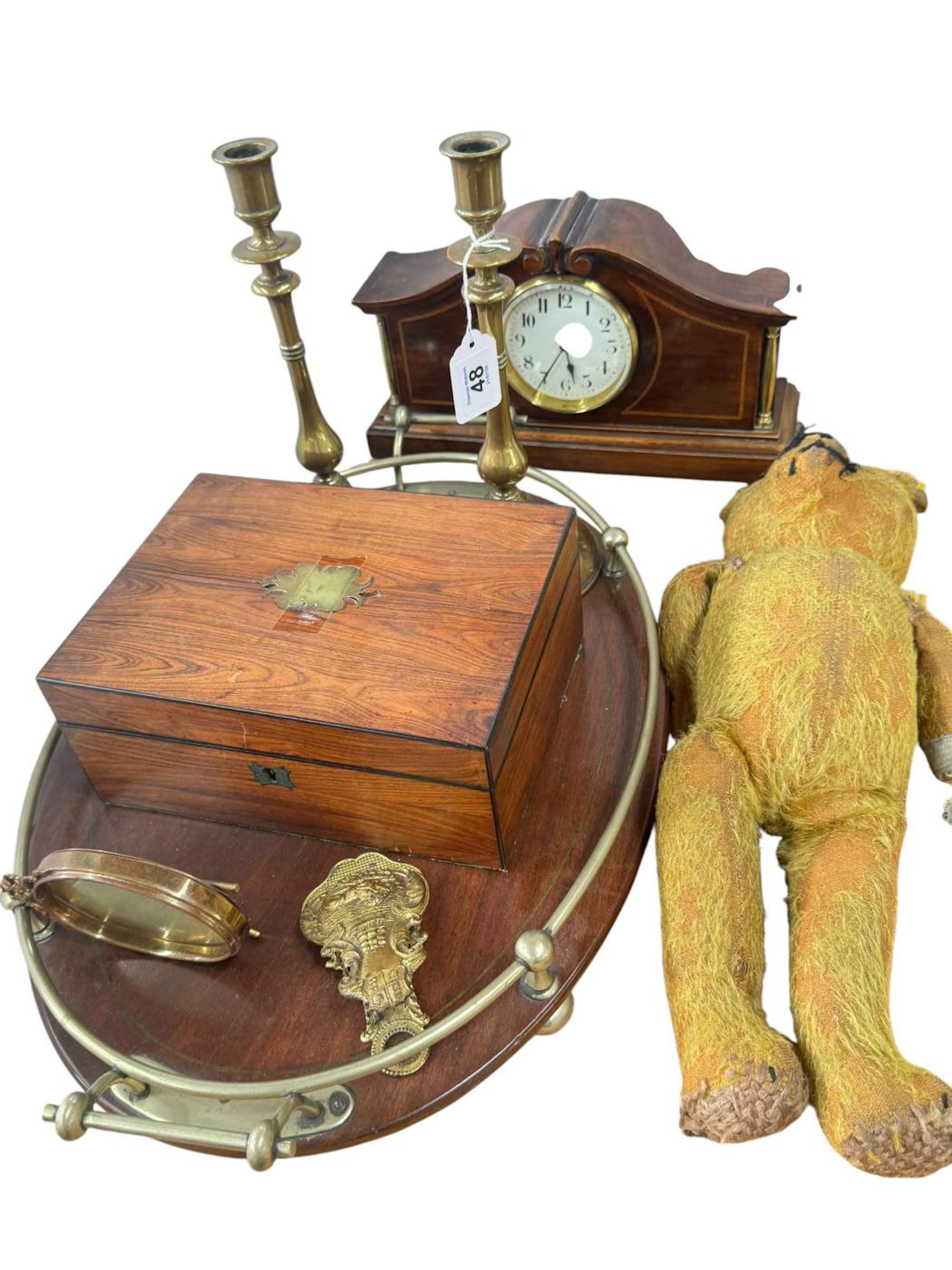 Edwardian inlaid mahogany mantel clock, a mahogany and brass gallery