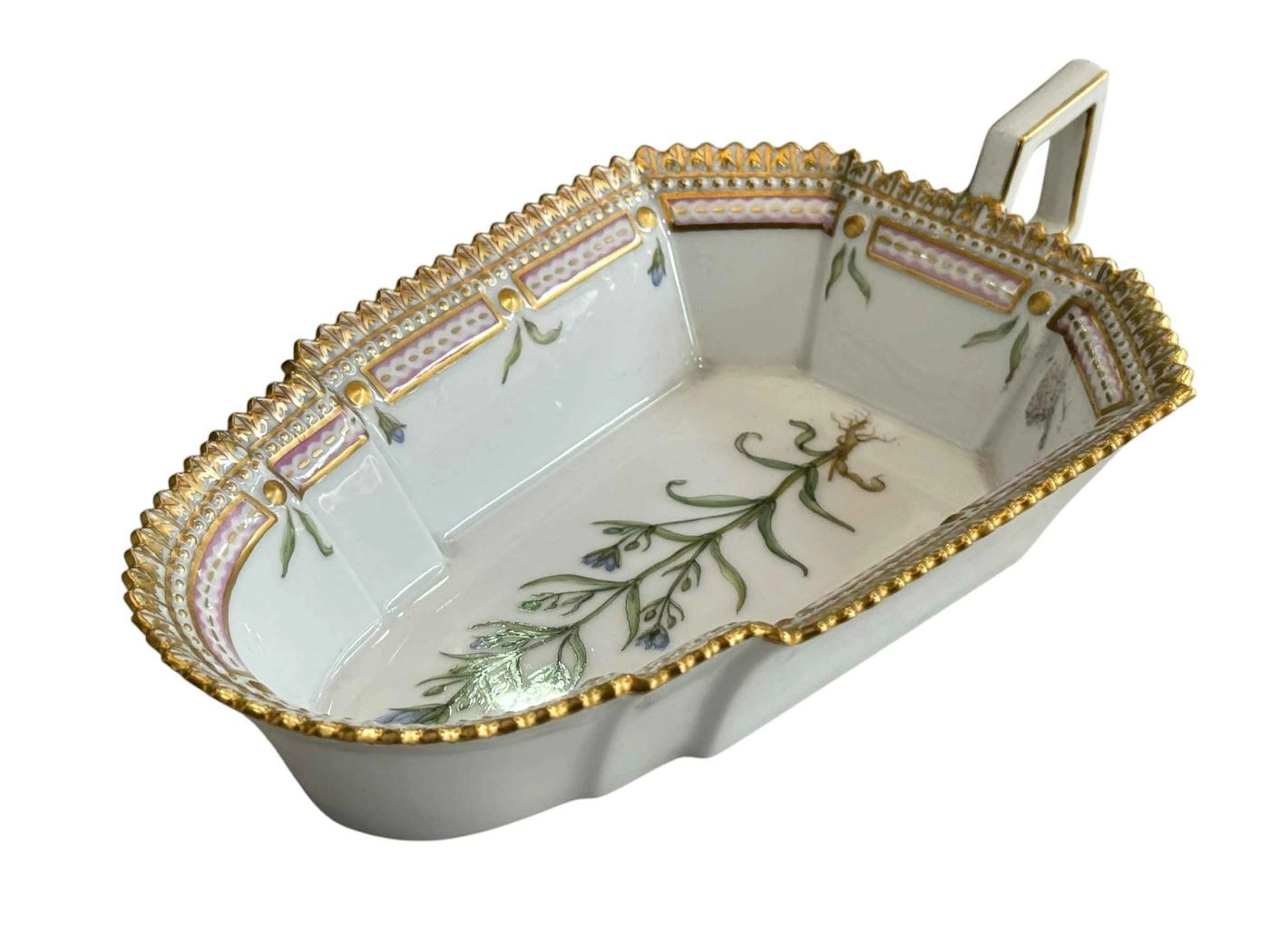 Royal Copenhagen Flora Danica sauce boat painted with botanical specimen