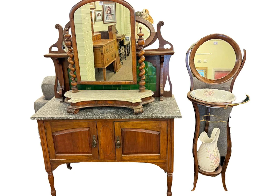 Late Victorian tiled and mirror backed marble top washstand, Victorian
