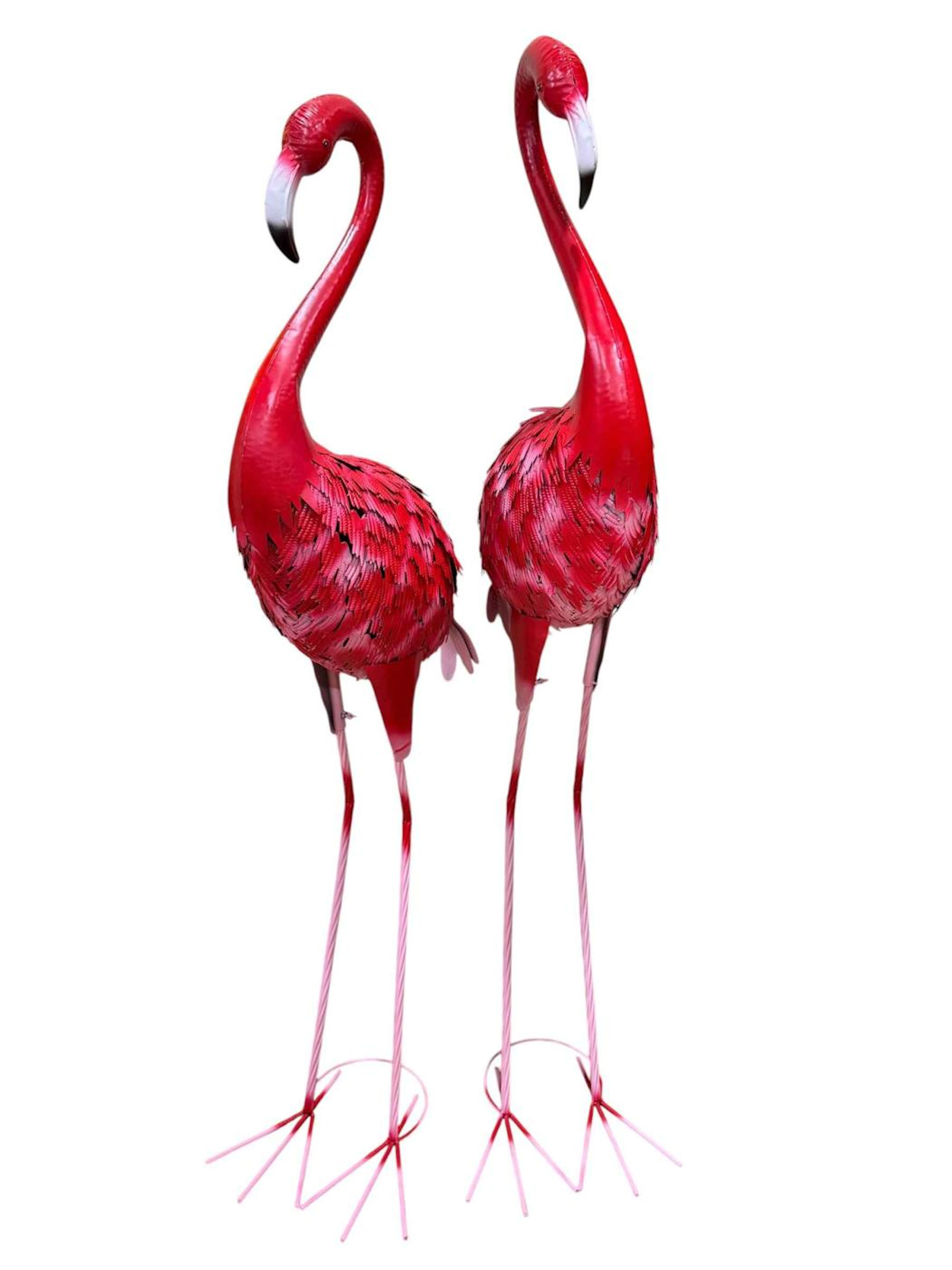 Pair of tall metal flamingos garden ornaments, 162cm.
