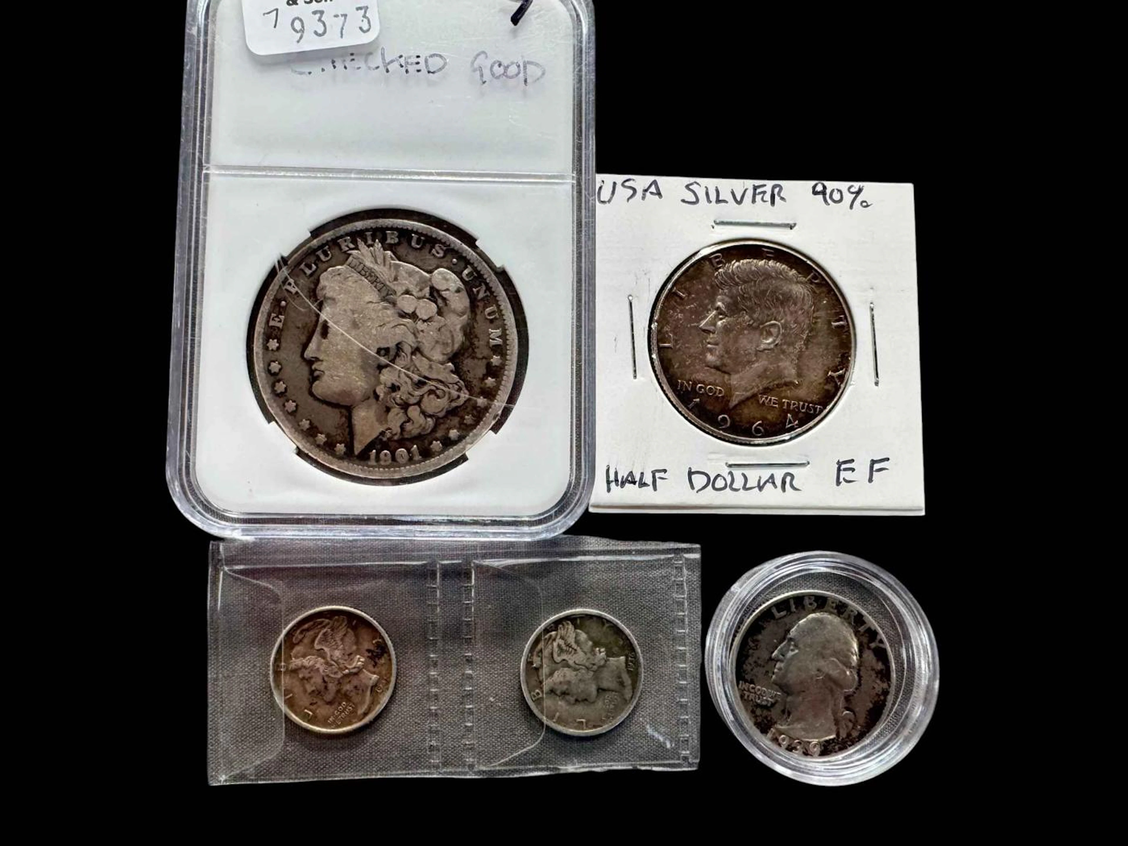 USA coinage including 1901 Morgan silver dollar, 1964 half dollar