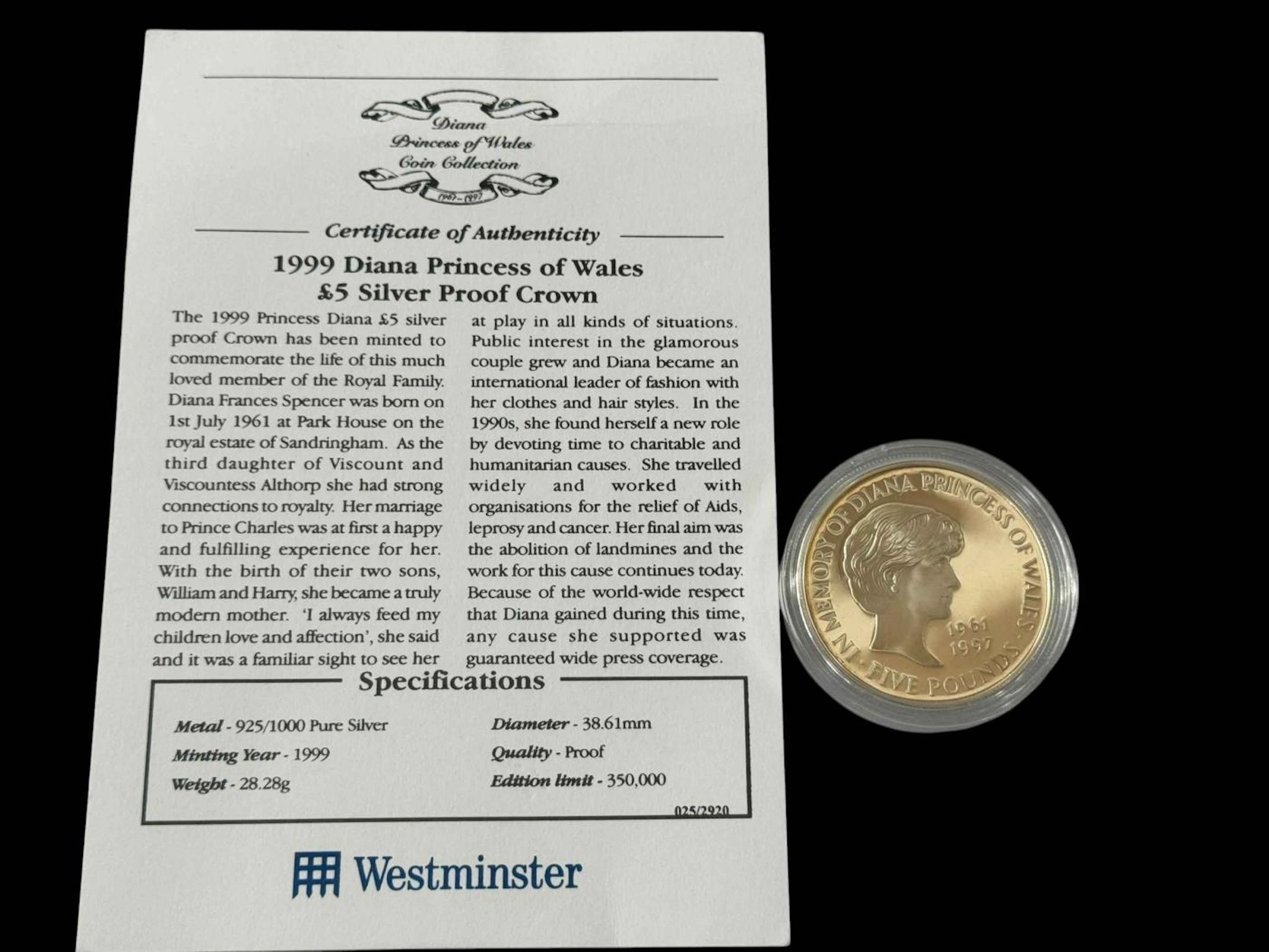 1999 Diana Princess of Wales £5 silver proof crown with COA.