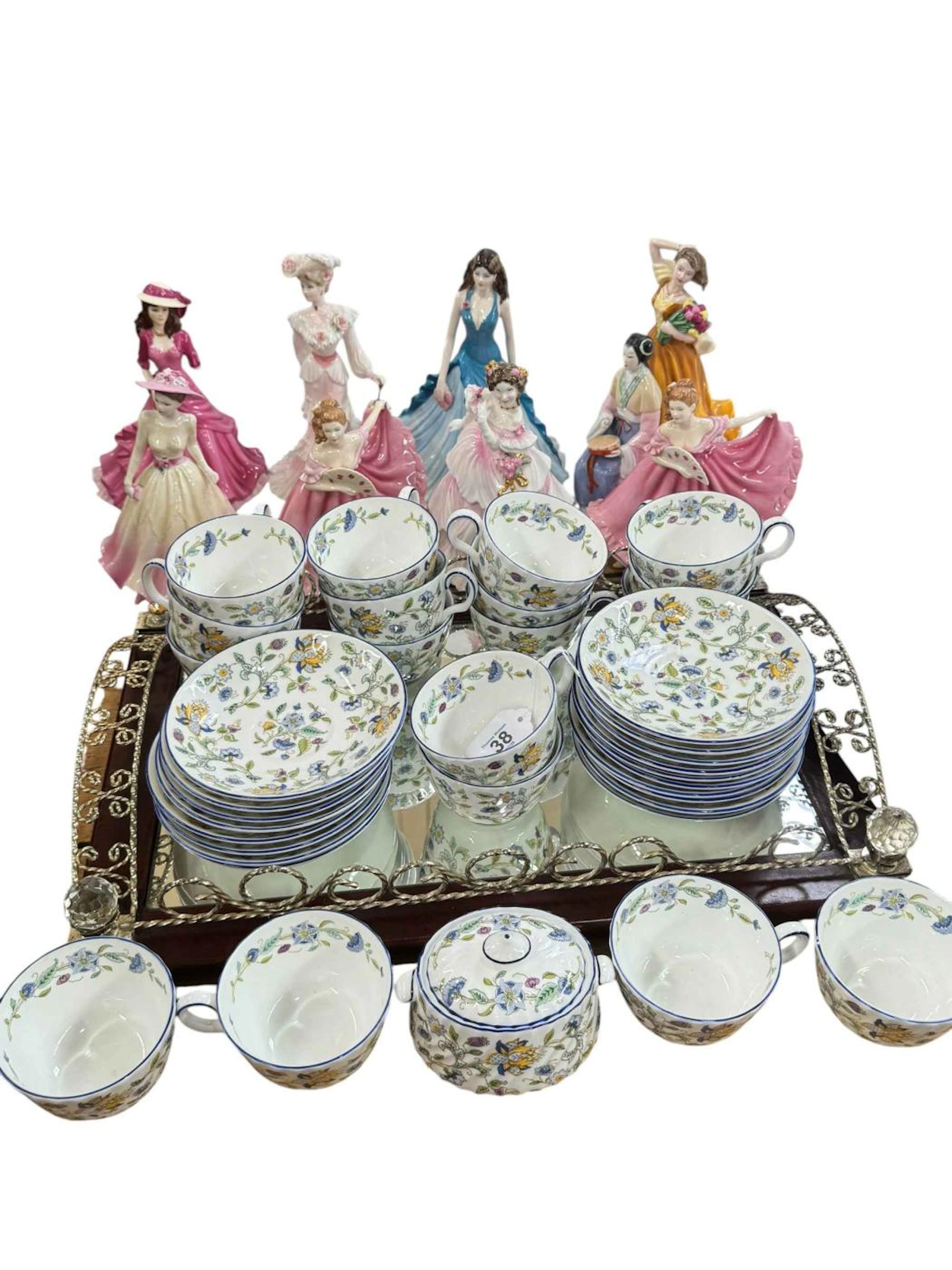 Four Royal Doulton and four Coalport ladies, Oriental figure, Minton